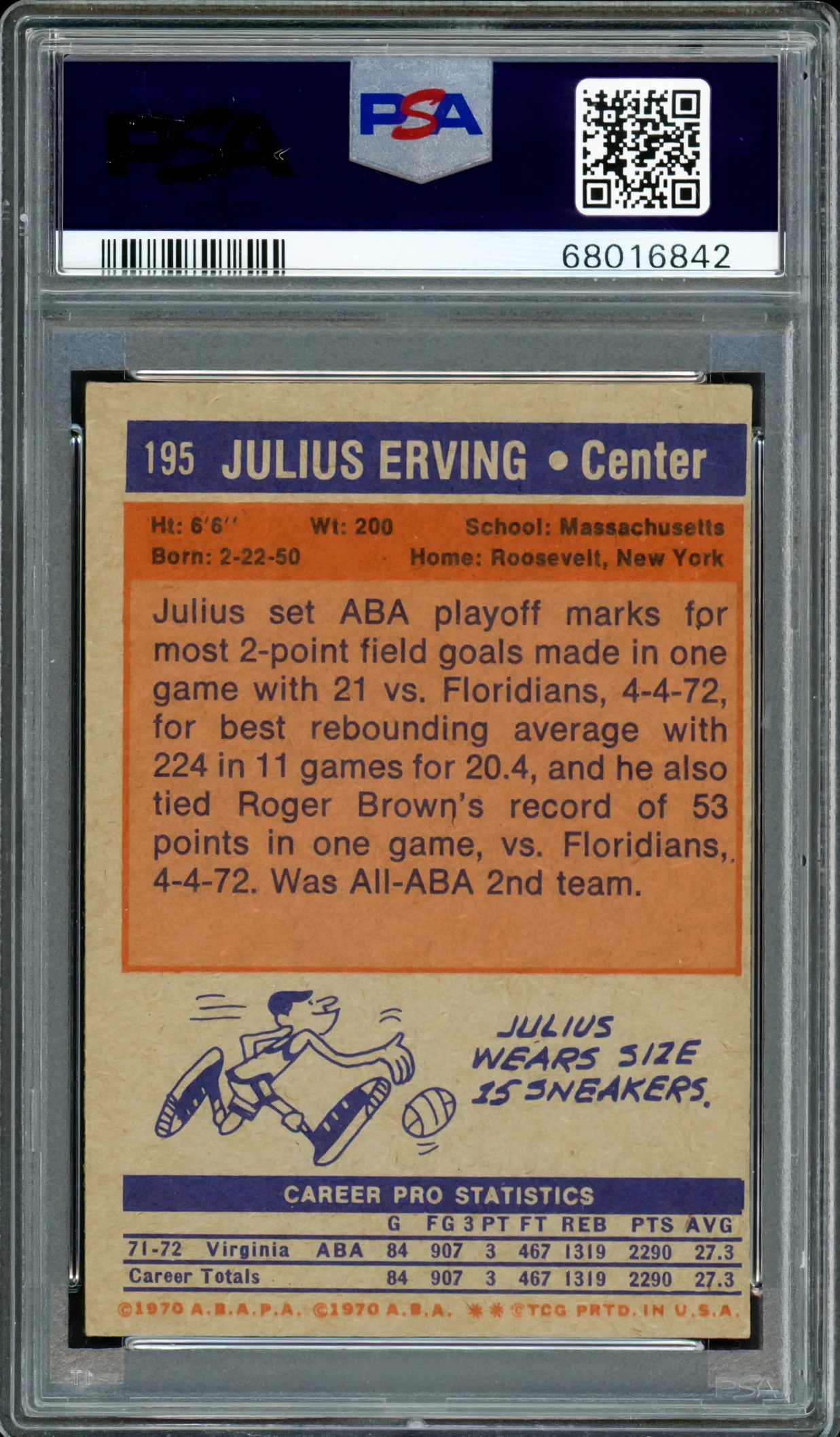 Julius Dr. J Erving Autographed 1972 Topps Rookie Card #195 PSA 5 Auto Grade Gem Mint 10 PSA/DNA #68016842 - Image 2