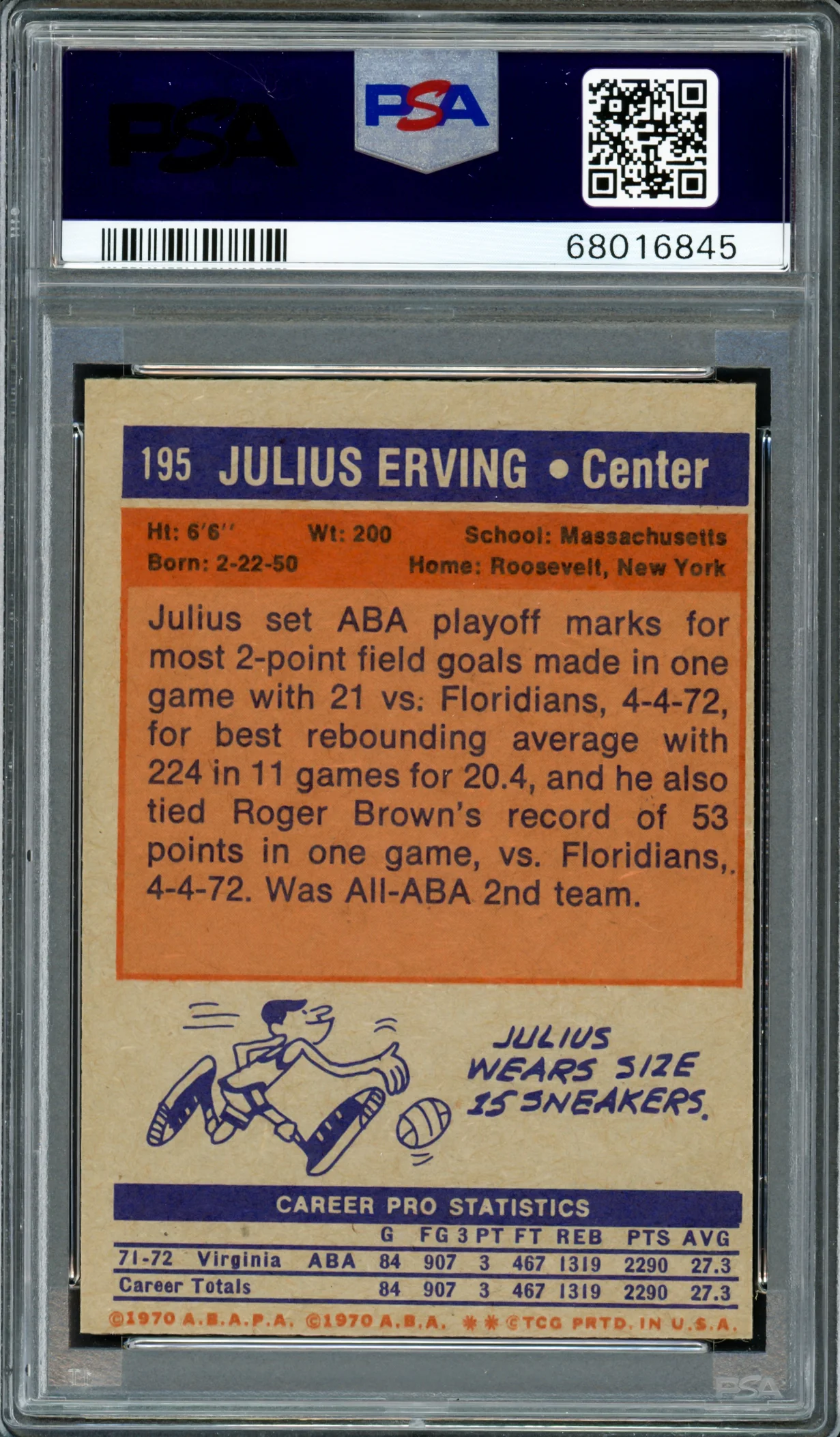 Julius Dr. J Erving Autographed 1972 Topps Rookie Card #195 PSA 6 Auto Grade Gem Mint 10 PSA/DNA #68016845 - Image 2