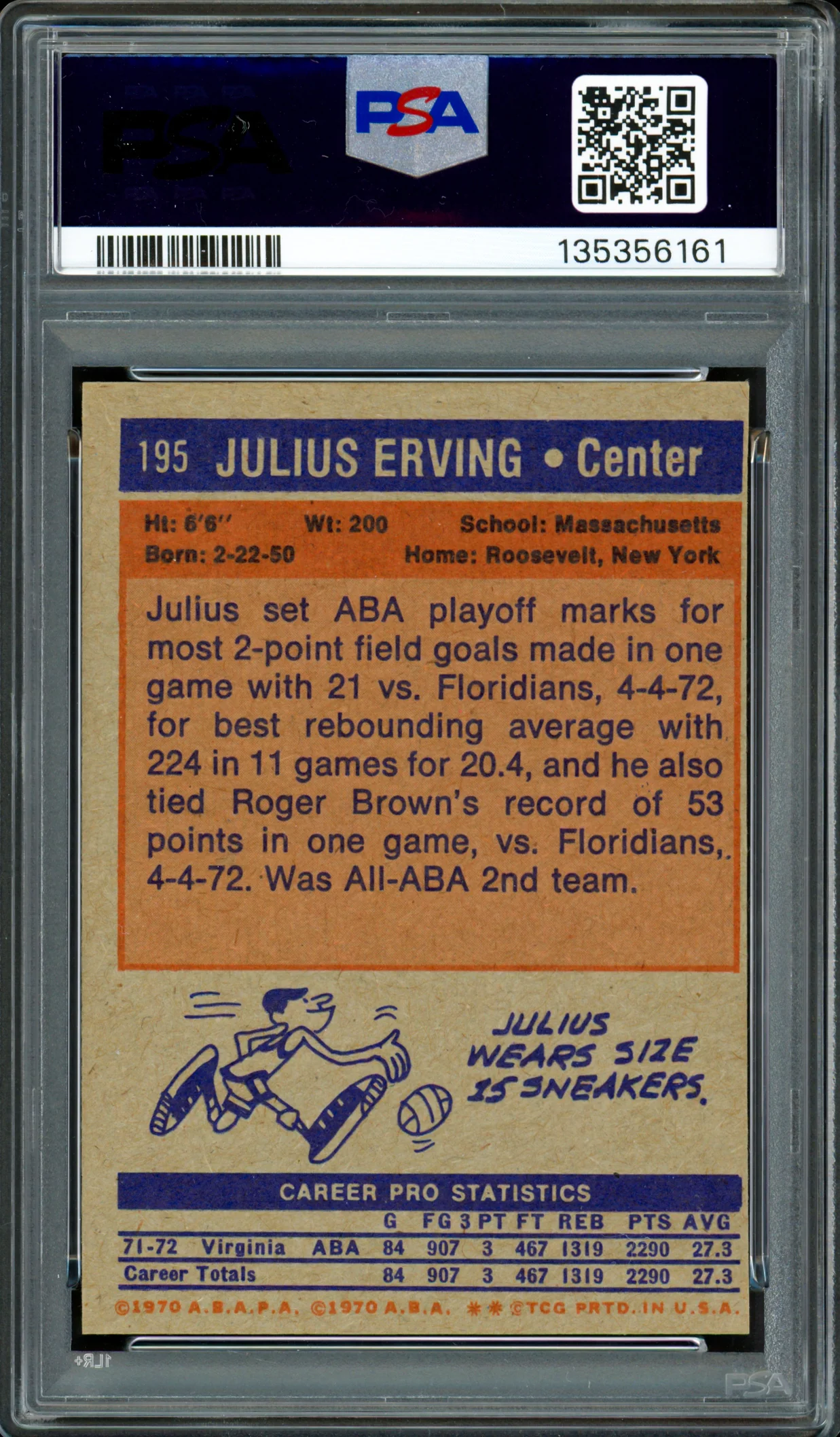 Julius "Dr. J" Erving Autographed 1972 Topps Rookie Card #195 Virginia Squires PSA 6 PSA/DNA #135356161 - Image 2
