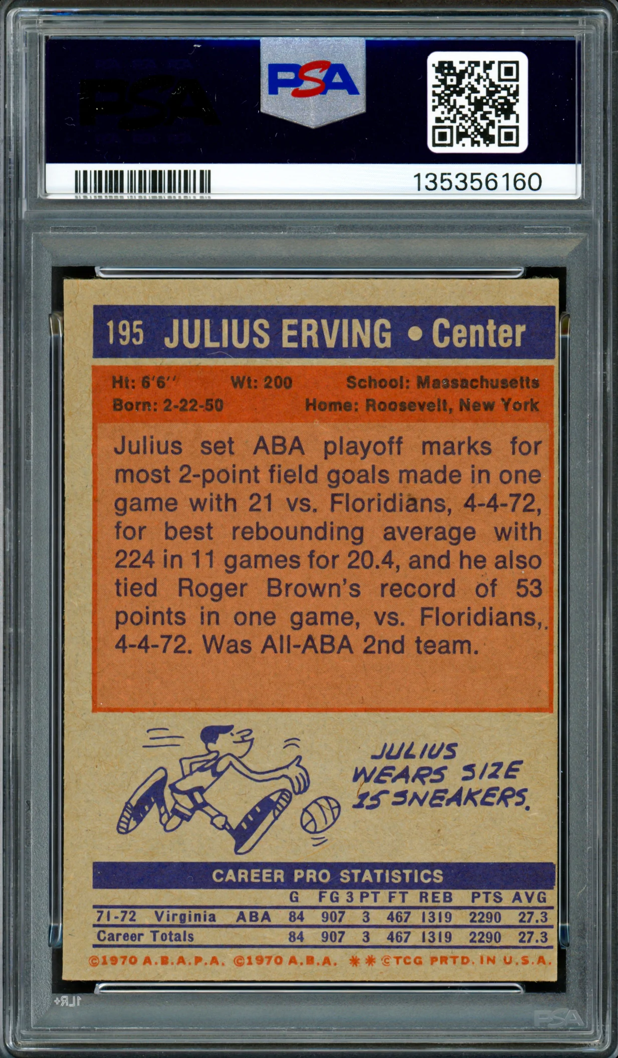 Julius "Dr. J" Erving Autographed 1972 Topps Rookie Card #195 Virginia Squires PSA 7 Auto Grade Gem Mint 10 PSA/DNA #135356160 - Image 2