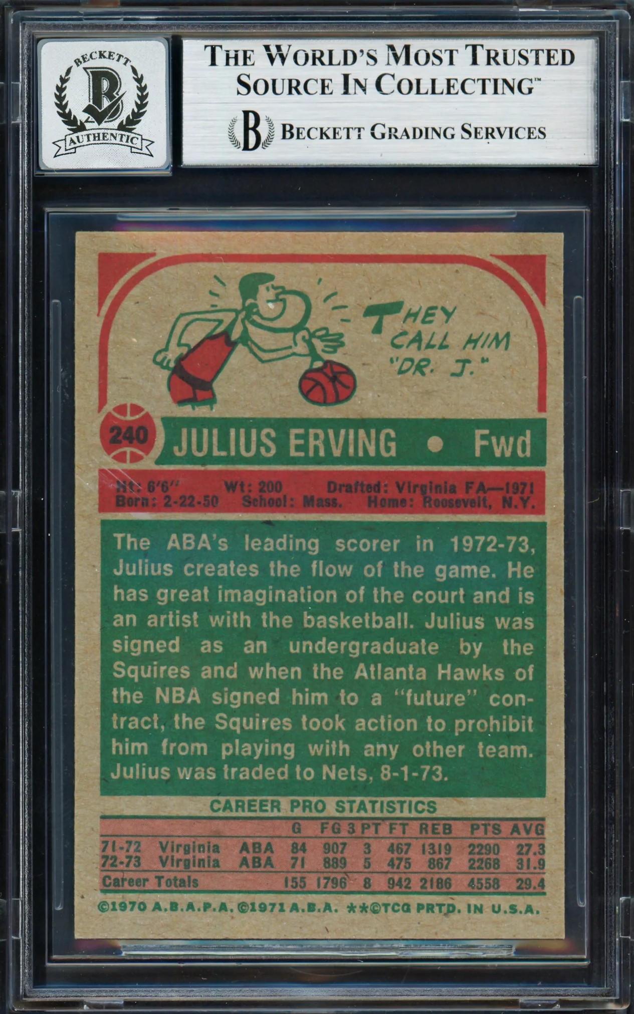 Julius Dr. J Erving Autographed 1973-74 Topps Card #240 Virginia Squires Auto Grade Gem Mint 10 Beckett BAS #19658649 - Image 2