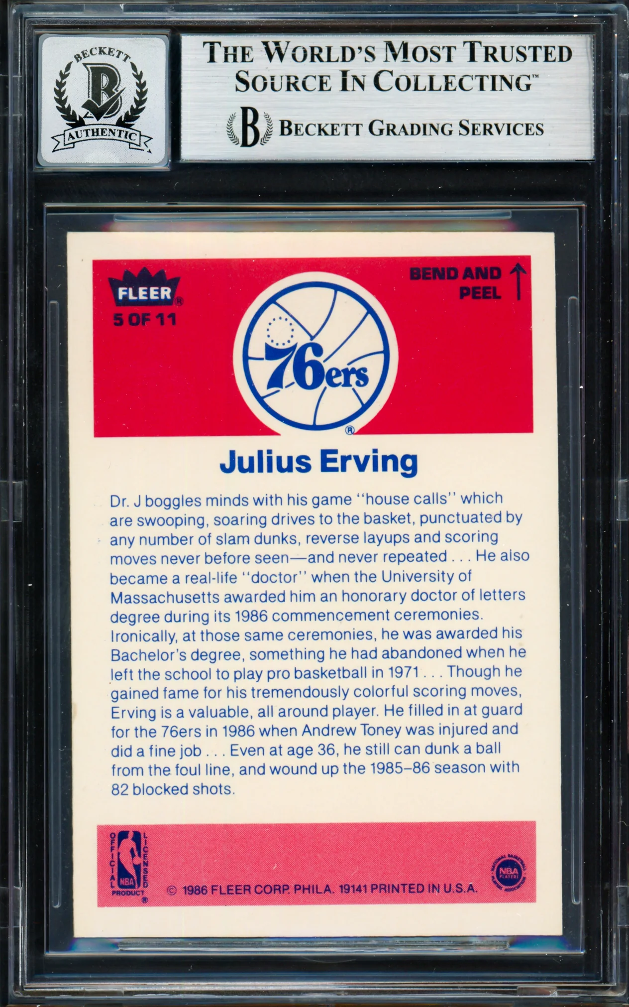 Julius Dr. J Erving Autographed 1986-87 Fleer Sticker Card #5 Philadelphia 76ers Auto Grade Gem Mint 10 Beckett BAS #19658695 - Image 2