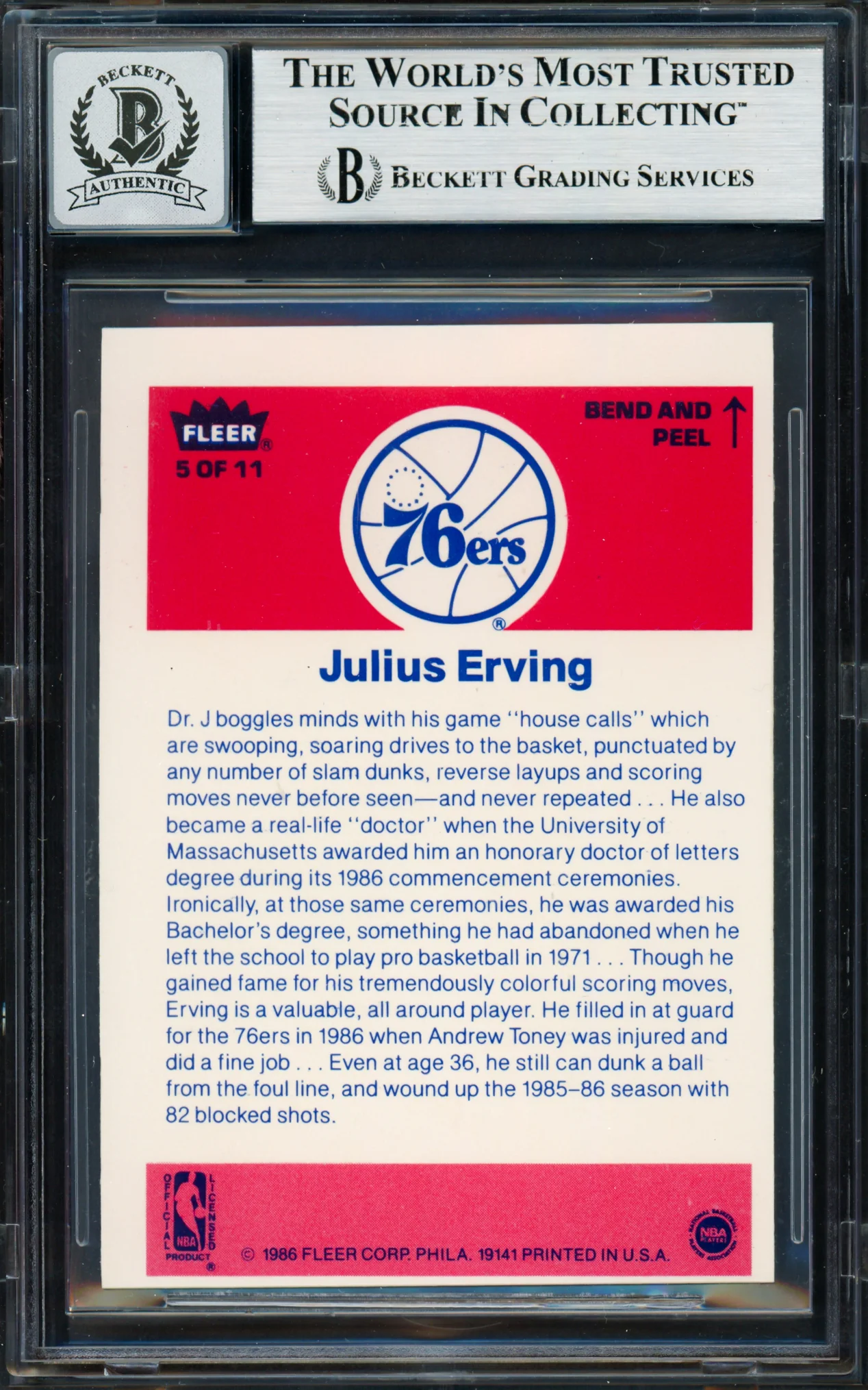 Julius Dr. J Erving Autographed 1986-87 Fleer Sticker Card #5 Philadelphia 76ers Auto Grade Gem Mint 10 Beckett BAS #19658697 - Image 2