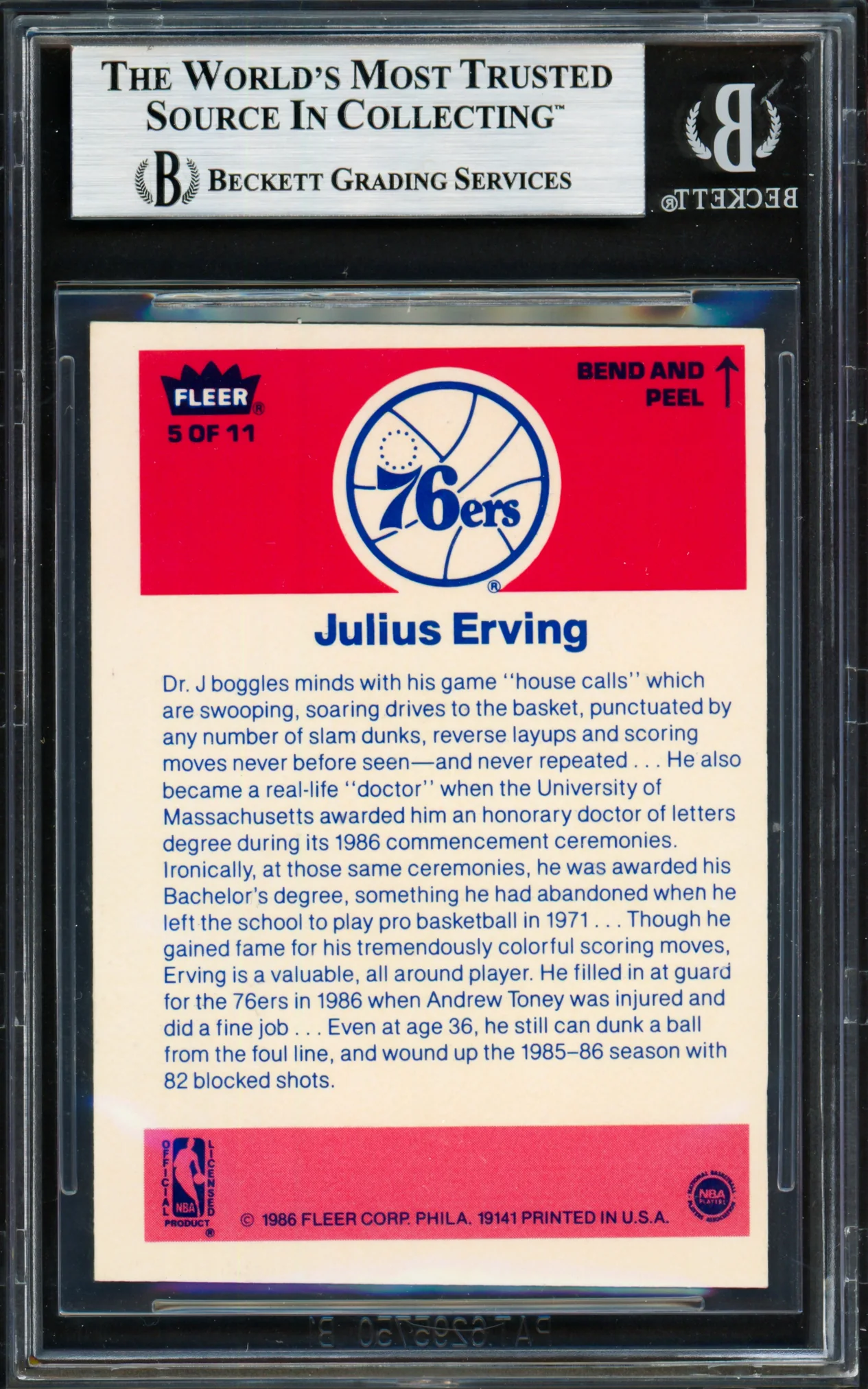 Julius Dr. J Erving Autographed 1986-87 Fleer Sticker Card #5 Philadelphia 76ers Beckett BAS #19210671 - Image 2