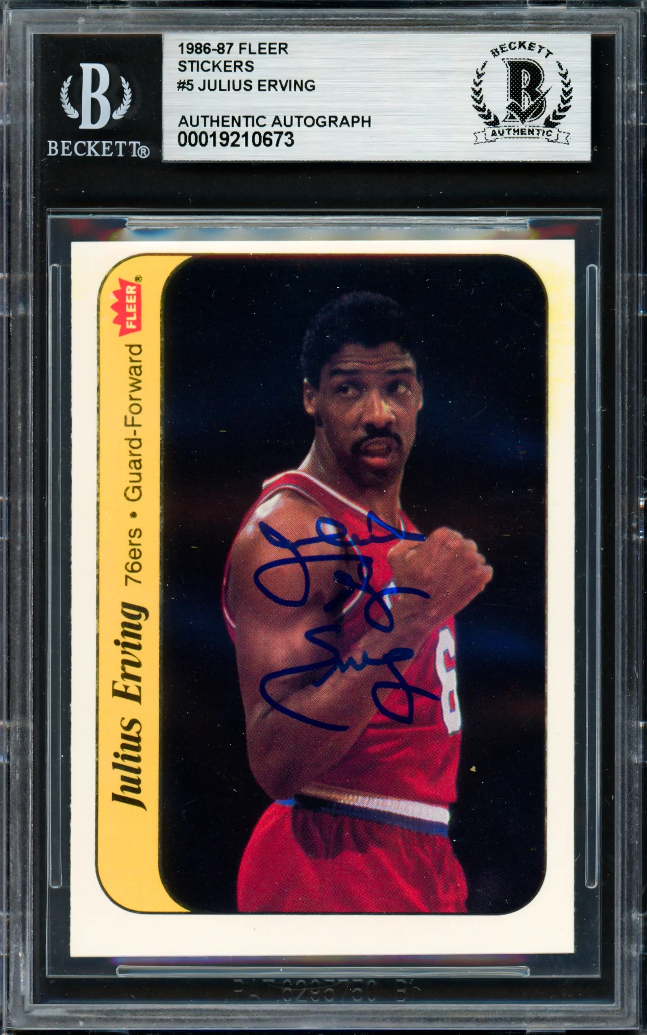 Julius Dr. J Erving Autographed 1986-87 Fleer Sticker Card #5 Philadelphia 76ers Beckett BAS #19210673