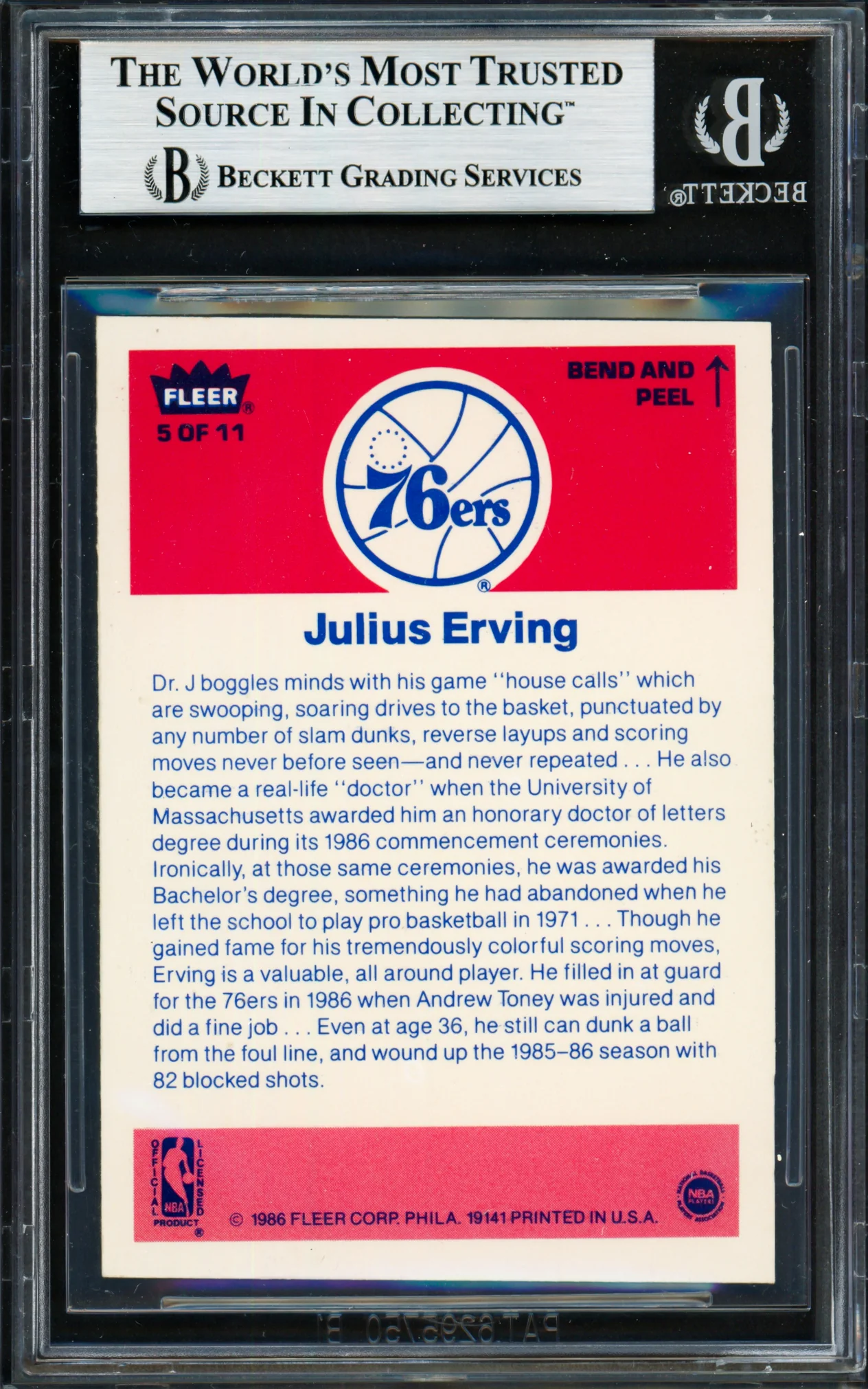 Julius Dr. J Erving Autographed 1986-87 Fleer Sticker Card #5 Philadelphia 76ers Beckett BAS #19210675 - Image 2