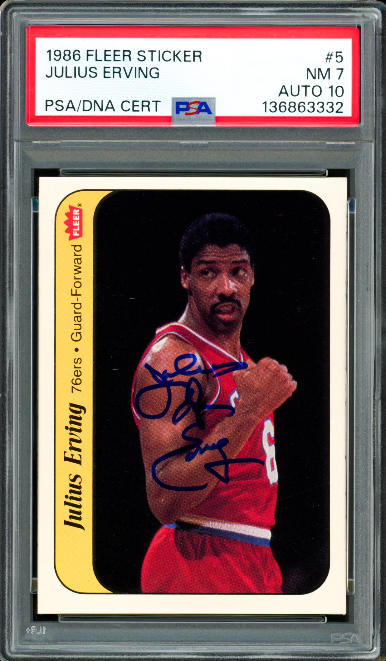 Julius Dr. J Erving Autographed 1986-87 Fleer Sticker Card #5 Philadelphia 76ers PSA 7 Auto Grade Gem Mint 10 PSA/DNA #136863332