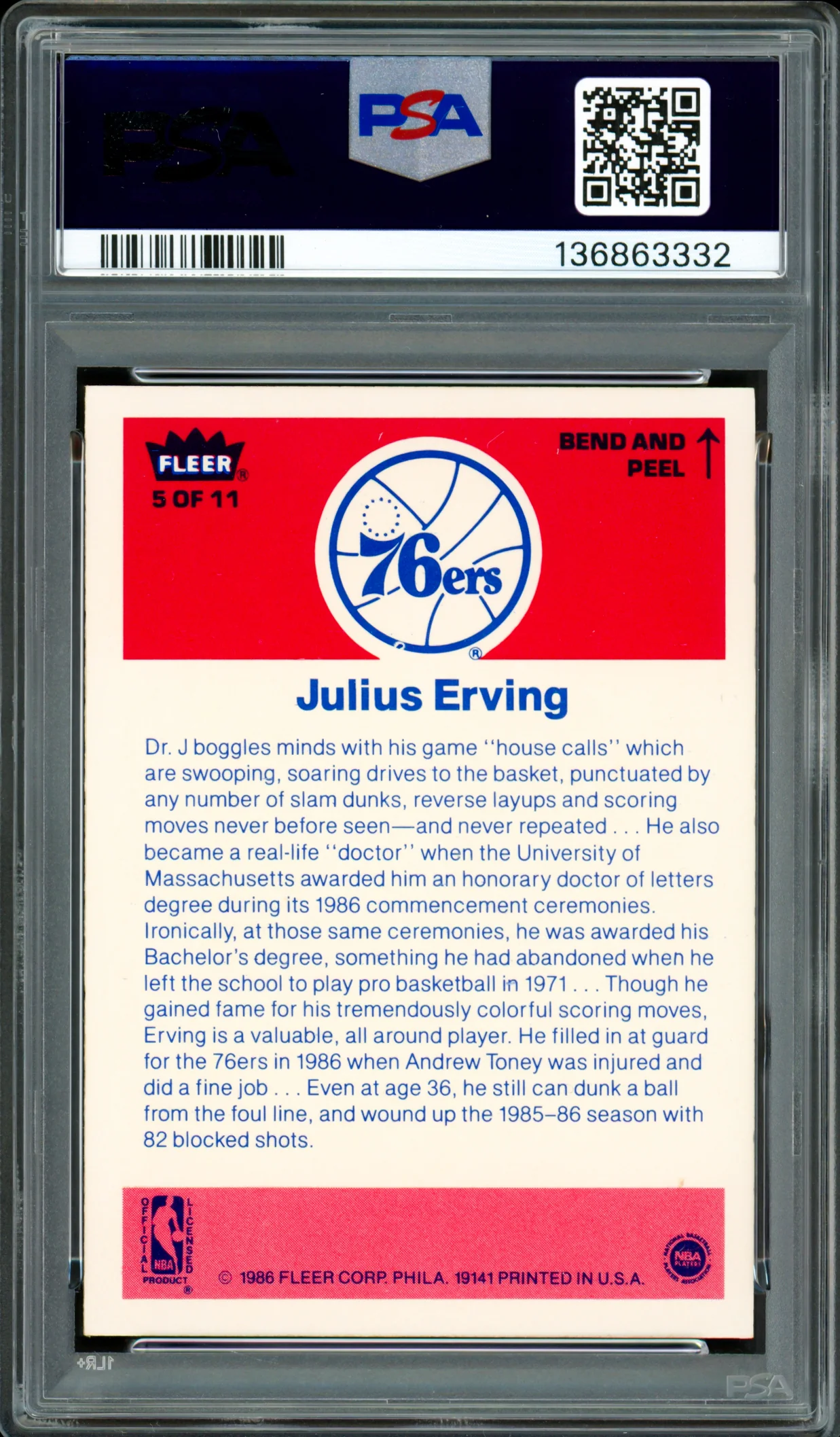 Julius Dr. J Erving Autographed 1986-87 Fleer Sticker Card #5 Philadelphia 76ers PSA 7 Auto Grade Gem Mint 10 PSA/DNA #136863332 - Image 2