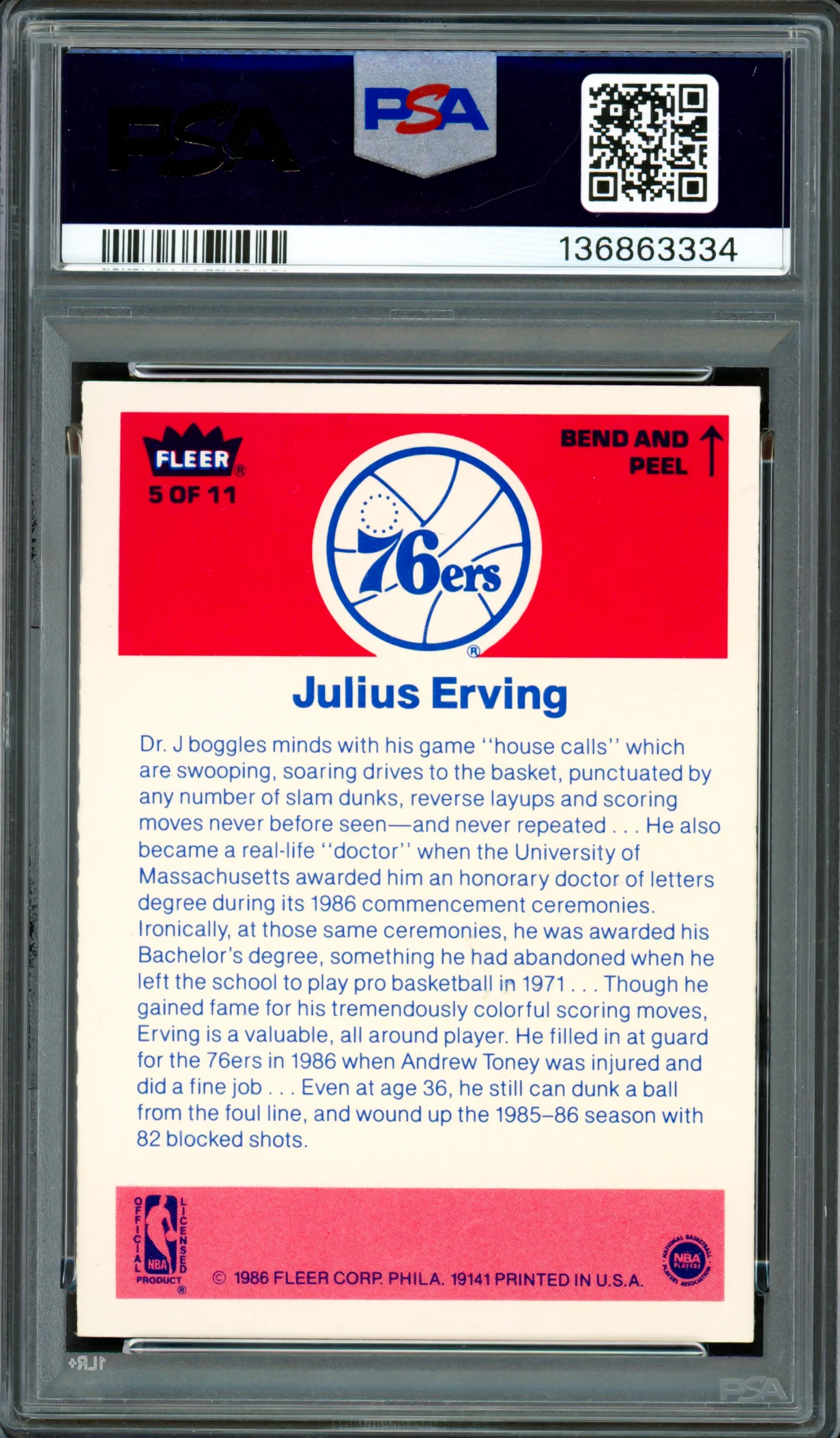 Julius Dr. J Erving Autographed 1986-87 Fleer Sticker Card #5 Philadelphia 76ers PSA 7 Auto Grade Gem Mint 10 PSA/DNA #136863334 - Image 2