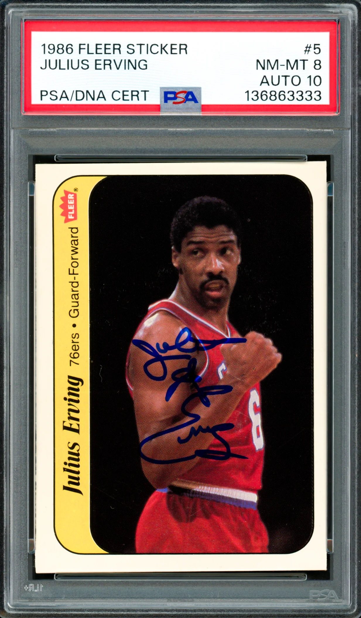 Julius Dr. J Erving Autographed 1986-87 Fleer Sticker Card #5 Philadelphia 76ers PSA 8 Auto Grade Gem Mint 10 PSA/DNA #136863333