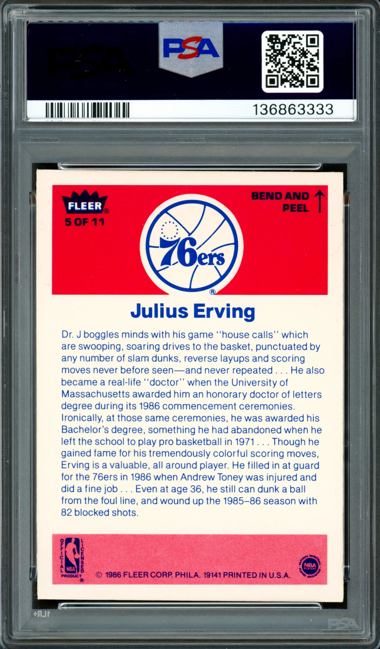 Julius Dr. J Erving Autographed 1986-87 Fleer Sticker Card #5 Philadelphia 76ers PSA 8 Auto Grade Gem Mint 10 PSA/DNA #136863333 - Image 2
