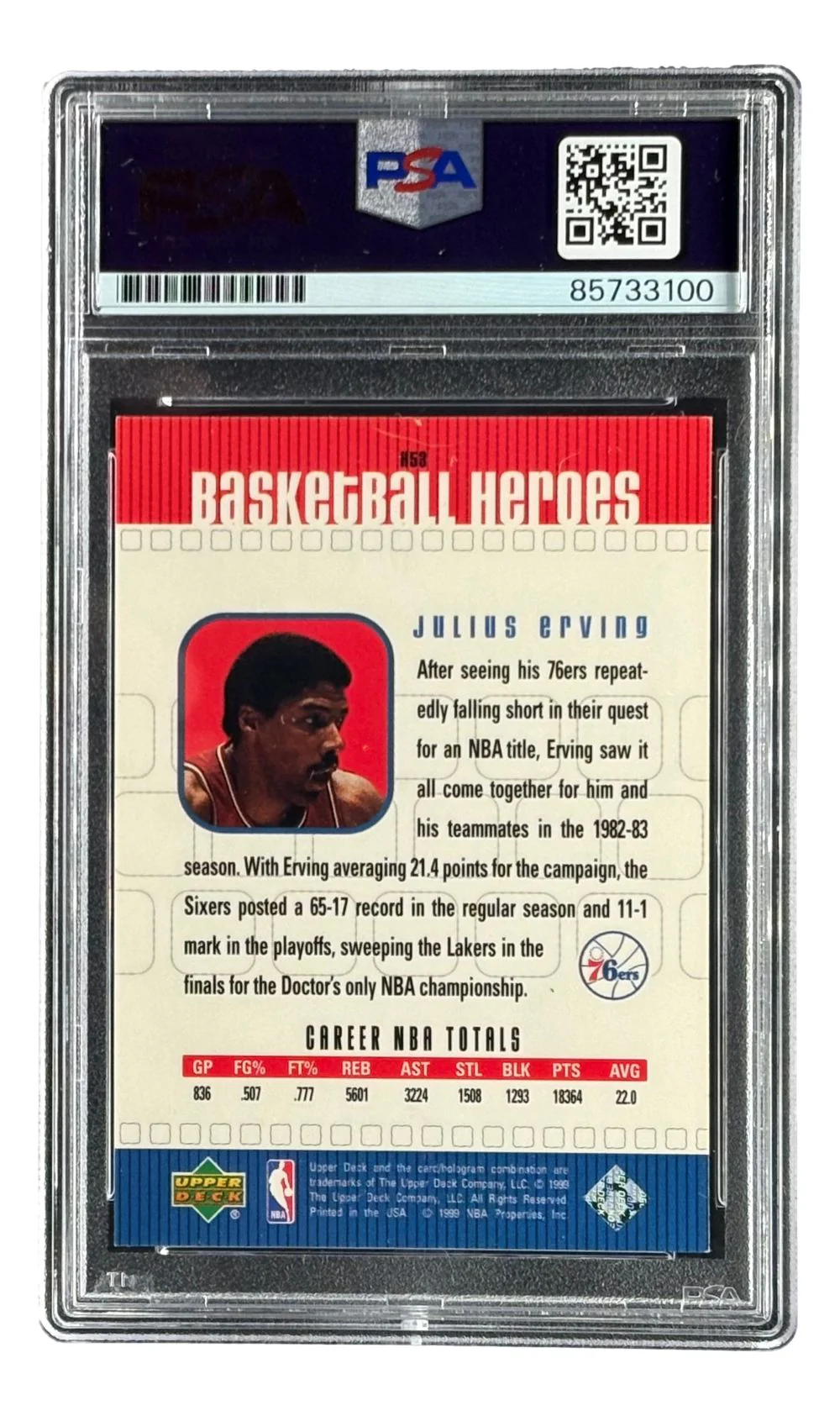 Julius Erving Signed 1999 Upper Deck #H53 76ers Trading Card PSA/DNA - Image 2