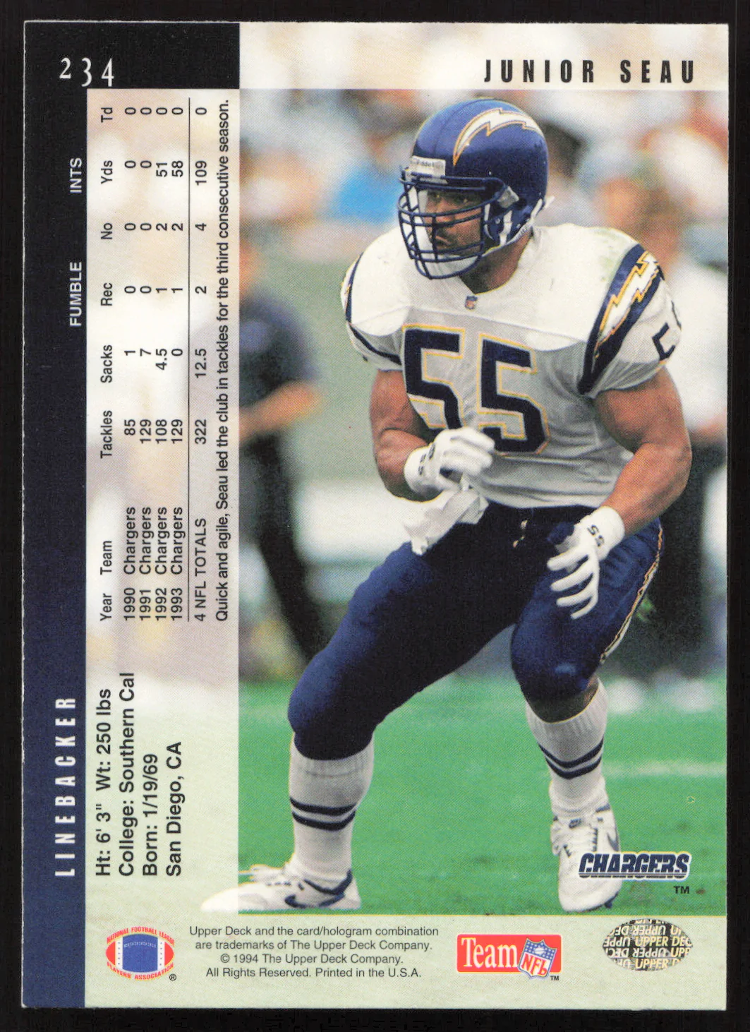 Junior Seau Autographed 1994 Upper Deck Card #234 San Diego Chargers SKU #260258 - Image 2