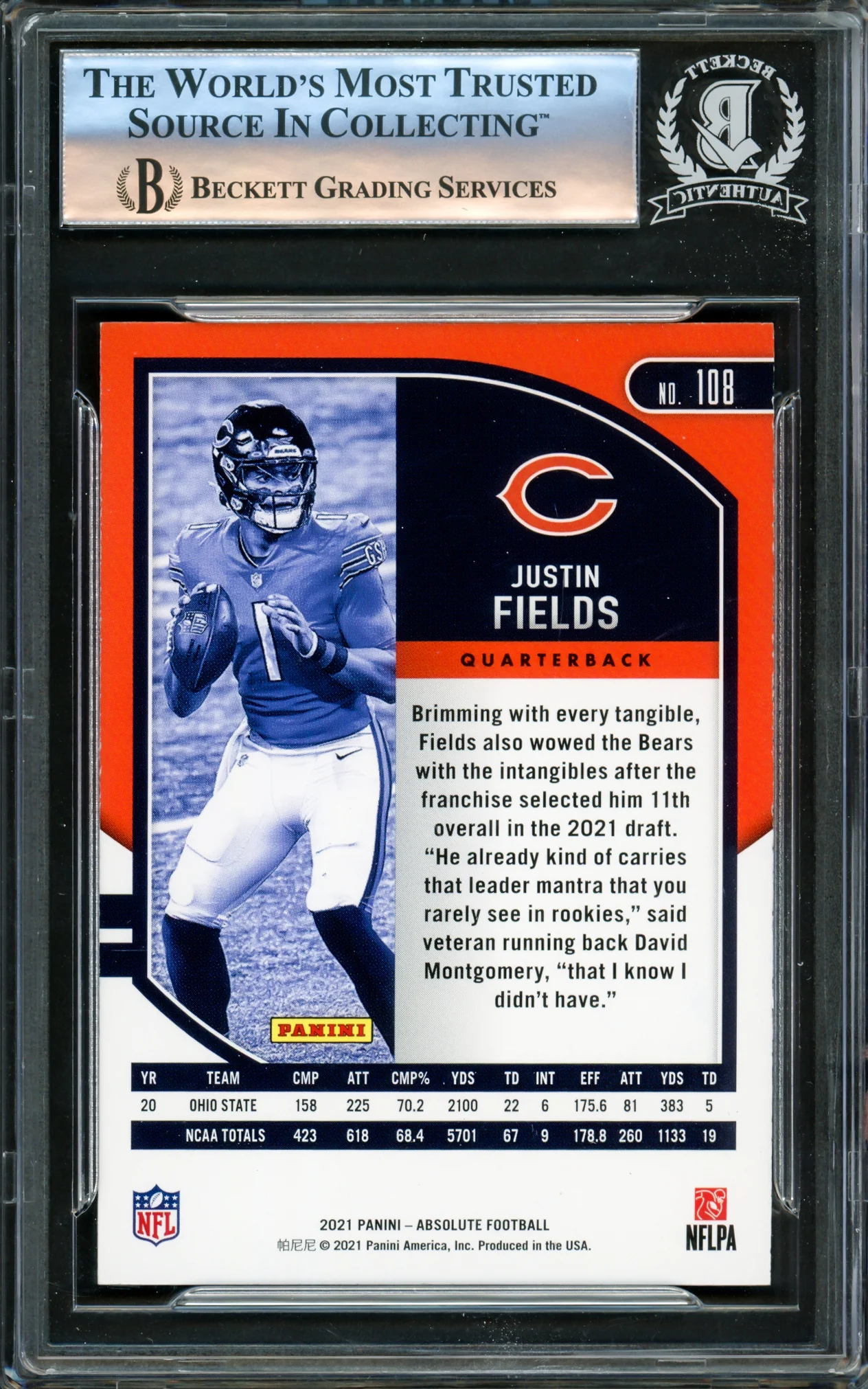 Justin Fields Autographed 2021 Absolute Green Rookie Card #108 Chicago Bears Beckett BAS #16175585 - Image 2