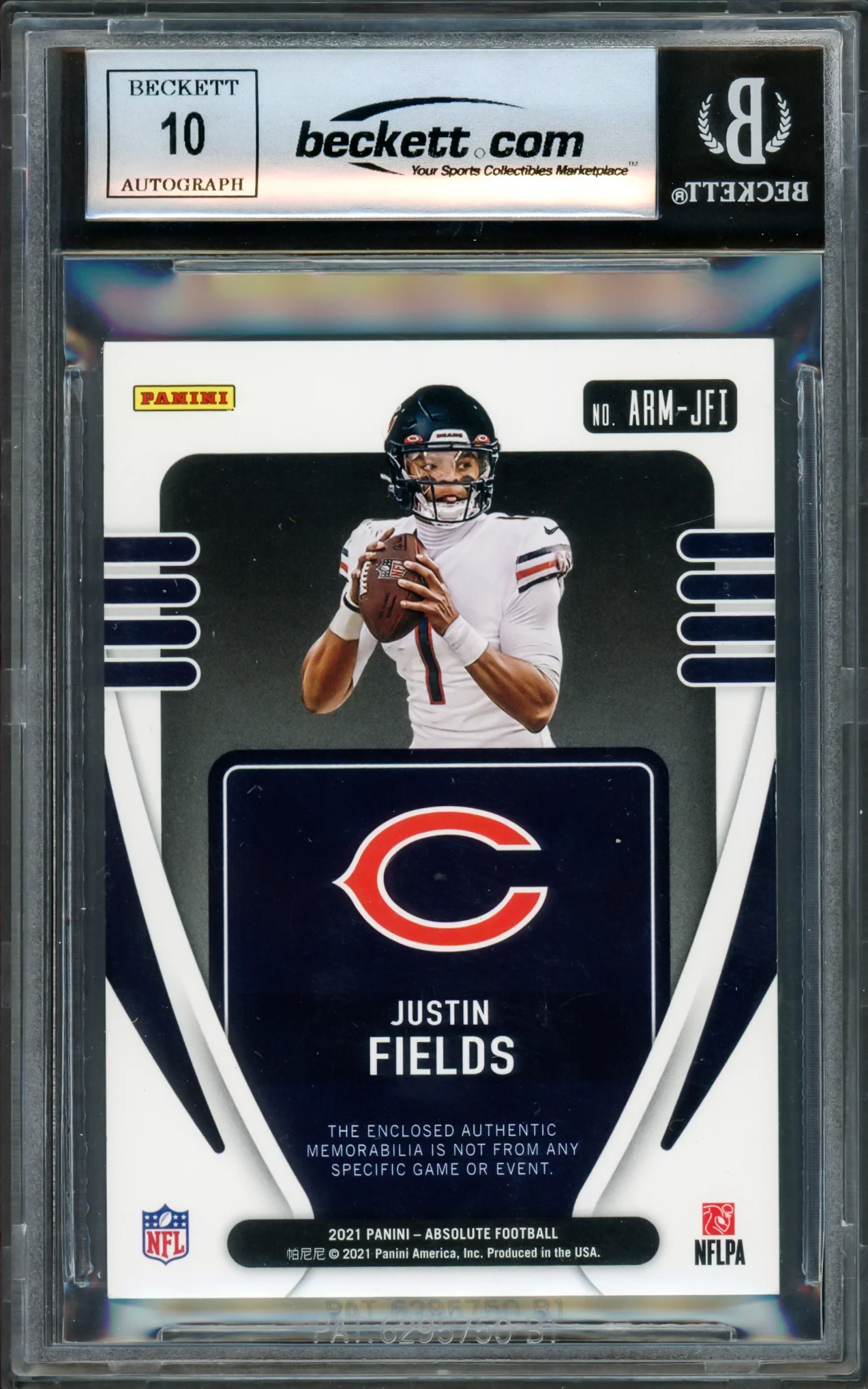 Justin Fields Autographed 2021 Absolute Jersey Patch Rookie Card #ARM-JFI Chicago Bears Auto Grade Gem Mint 10 Beckett BAS #16168366 - Image 2