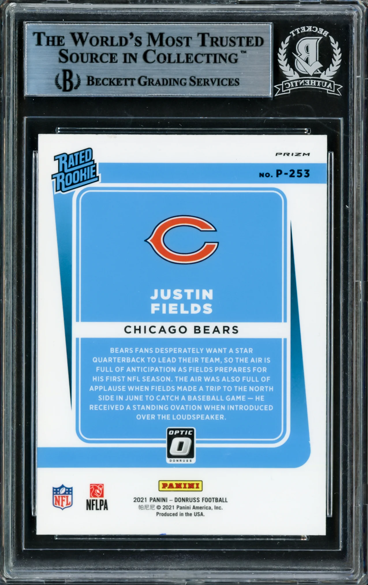 Justin Fields Autographed 2021 Donruss Optic Pink Prizm Preview Card #P-253 Chicago Bears Beckett BAS Stock #210115 - Image 2