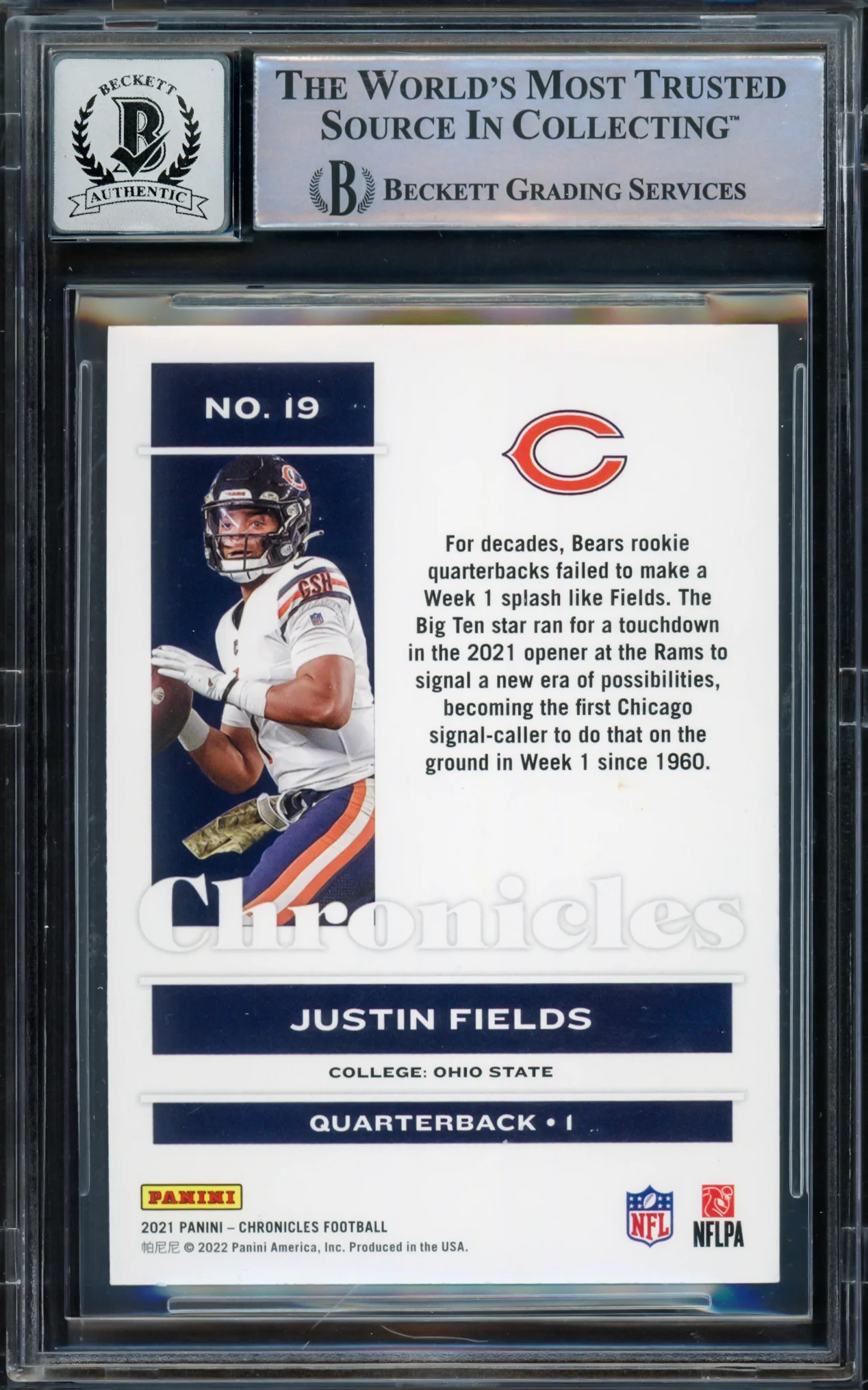 Justin Fields Autographed 2021 Panini Chronicles Rookie Card #19 Chicago Bears Auto Grade Gem Mint 10 Beckett BAS #16168352 - Image 2