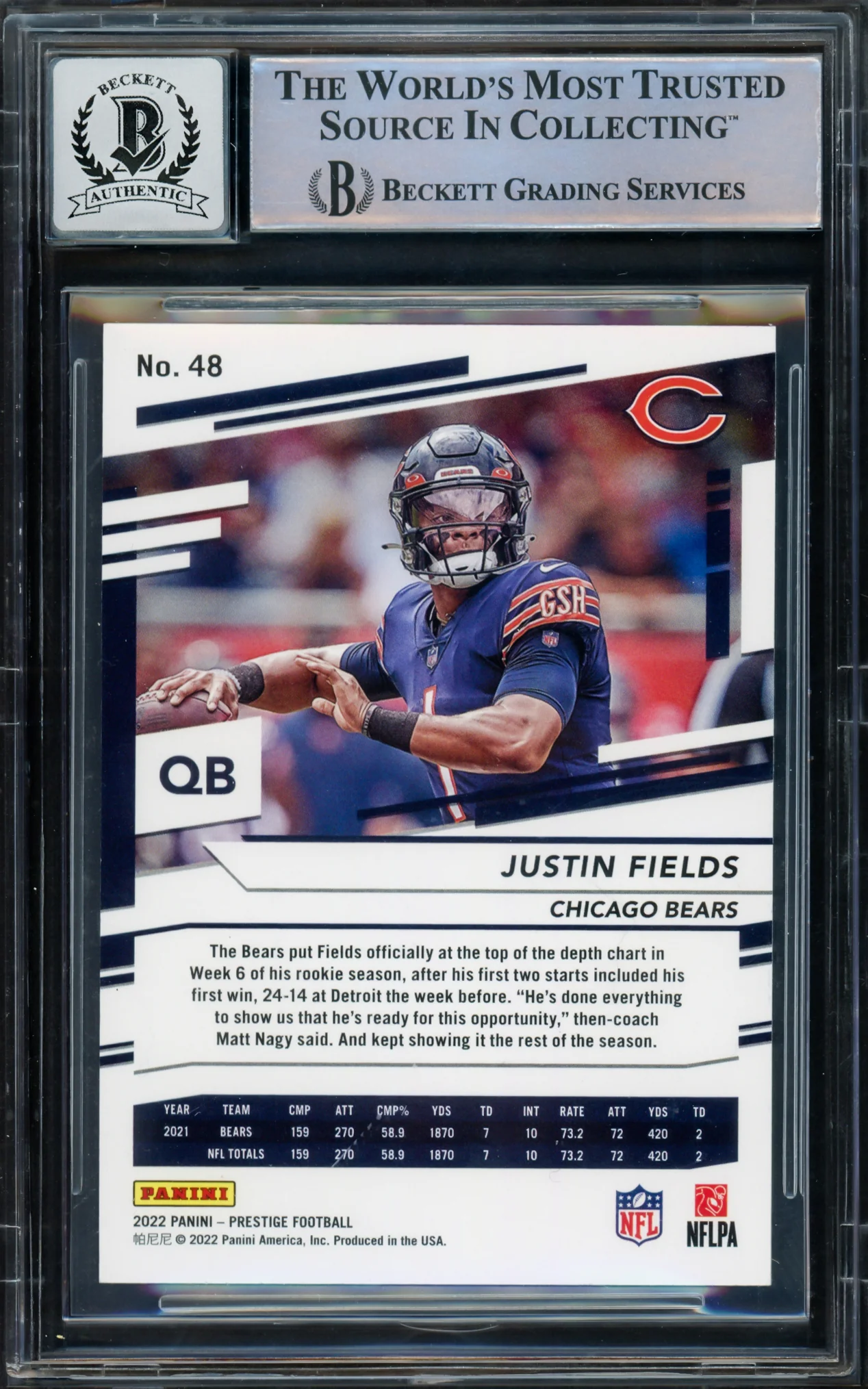 Justin Fields Autographed 2021 Panini Prestige Rookie Card #48 Chicago Bears Auto Grade Gem Mint 10 Beckett BAS Stock #220727 - Image 2