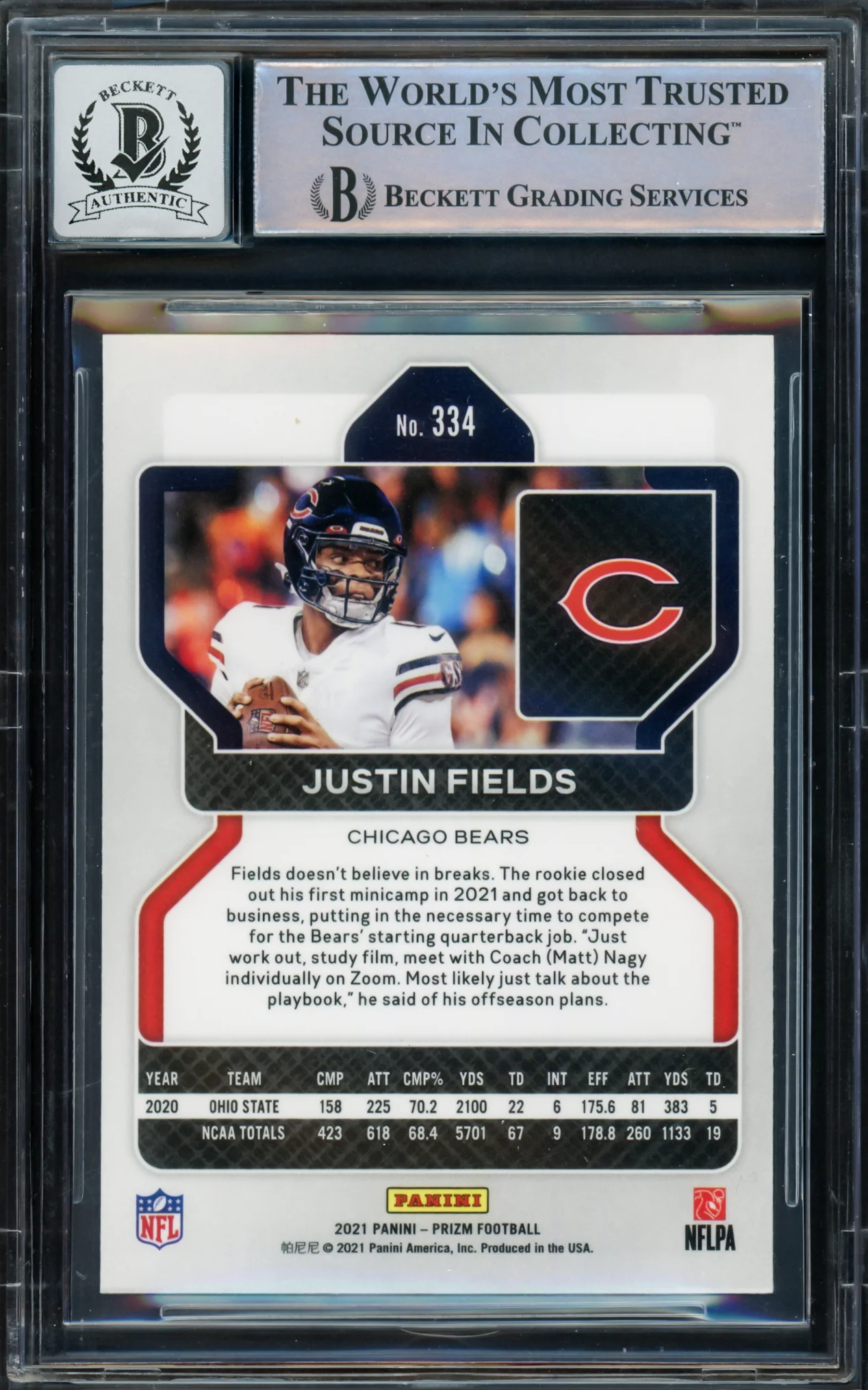 Justin Fields Autographed 2021 Panini Prizm Rookie Card #334 Chicago Bears Auto Grade Gem Mint 10 Beckett BAS #16168347 - Image 2