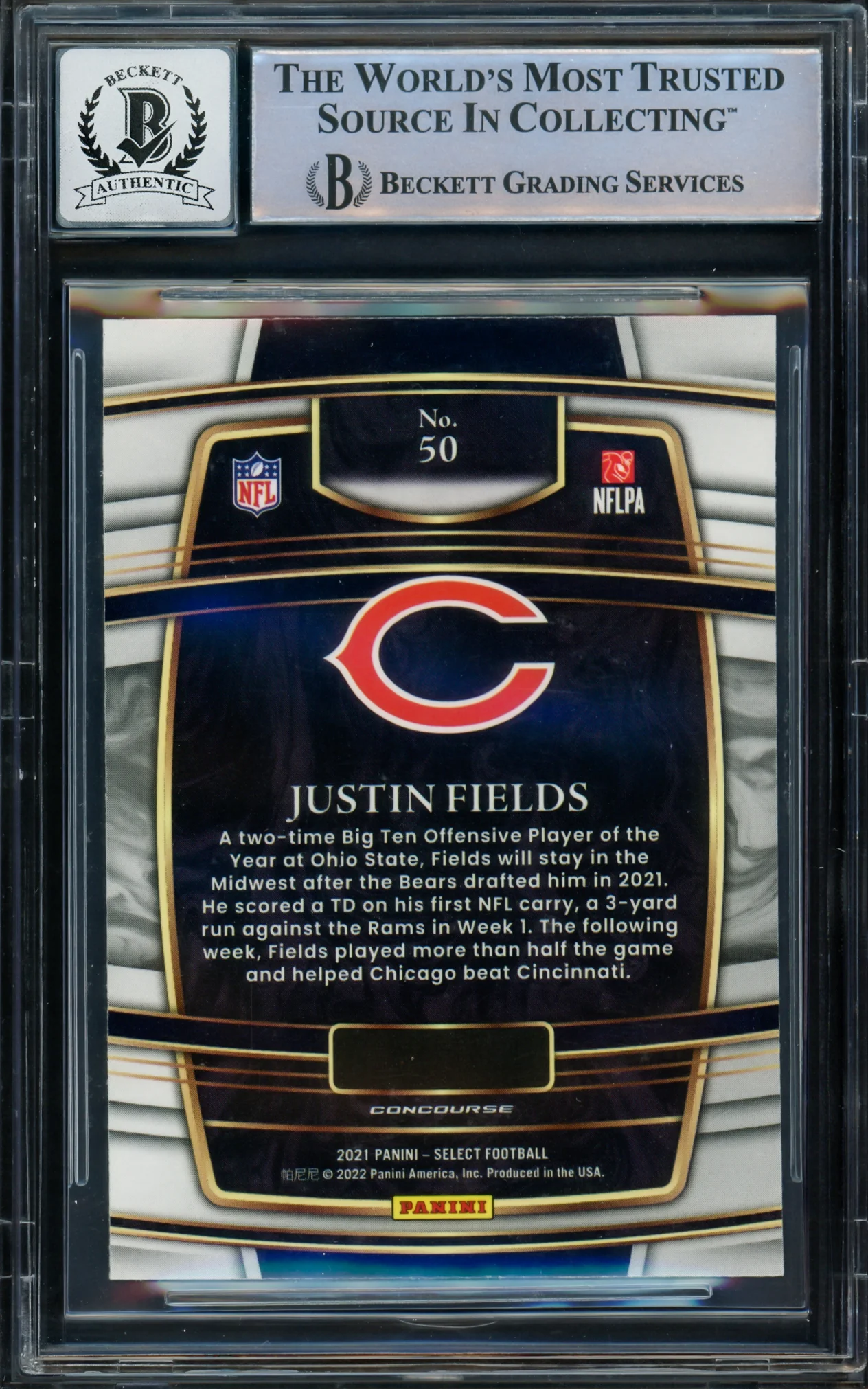 Justin Fields Autographed 2021 Select Rookie Card #50 Chicago Bears Auto Grade Gem Mint 10 Beckett BAS #16168338 - Image 2