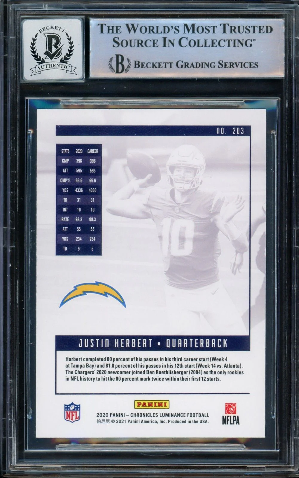 Justin Hebert Signed 2020 Panini Luminance #203 Chargers Rookie Card BAS Auto 10 - Image 2