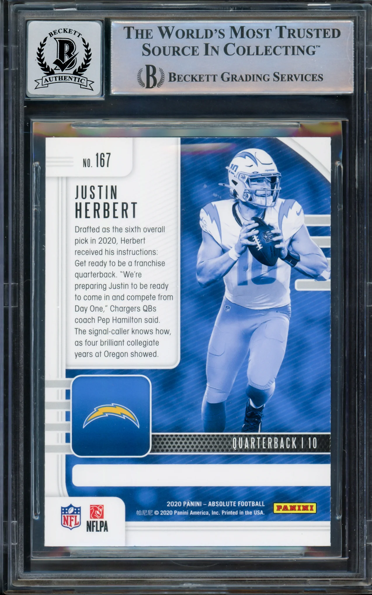 Justin Herbert Autographed 2020 Absolute Green Rookie Card #167 Los Angeles Chargers BGS 9 Auto Grade Gem Mint 10 Beckett BAS #15297783 - Image 2