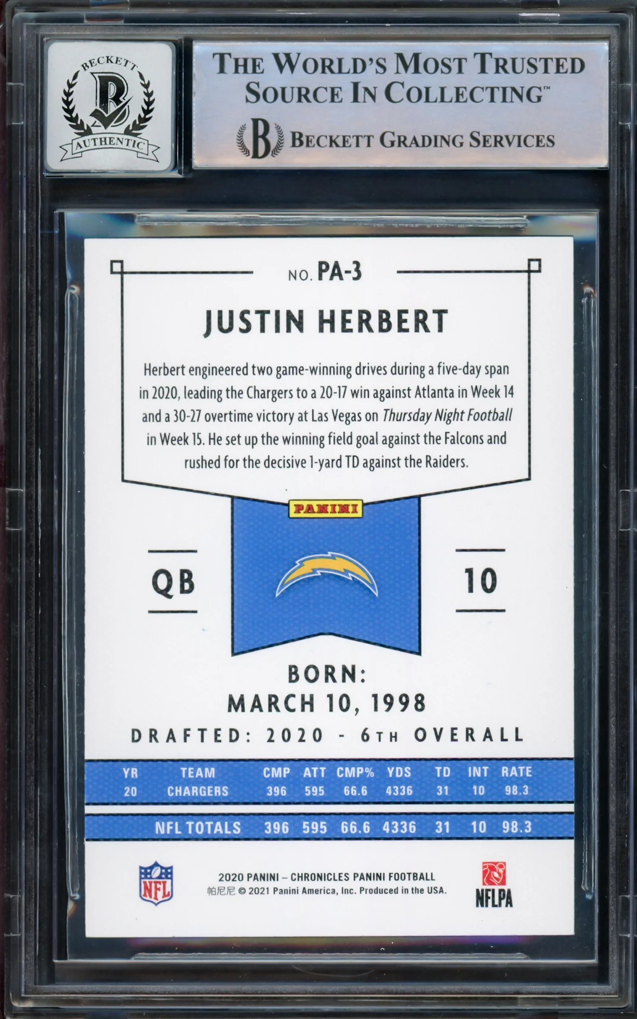 Justin Herbert Autographed 2020 Chronicles Panini Green Parallel Rookie Card #PA-3 Los Angeles Chargers Auto Grade Gem Mint 10 Beckett BAS #14243042 - Image 2