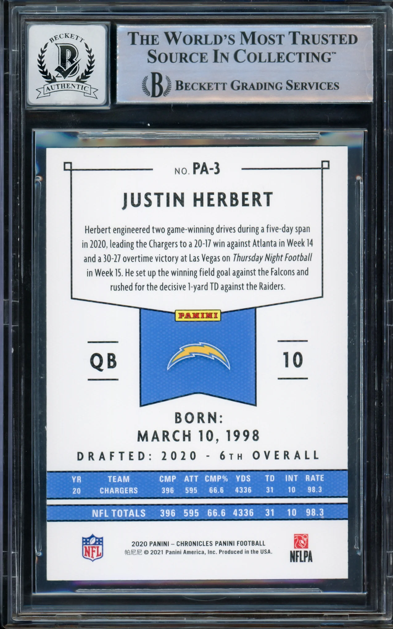 Justin Herbert Autographed 2020 Chronicles Panini Green Parallel Rookie Card #PA-3 Los Angeles Chargers Auto Grade Gem Mint 10 Beckett BAS #14243043 - Image 2