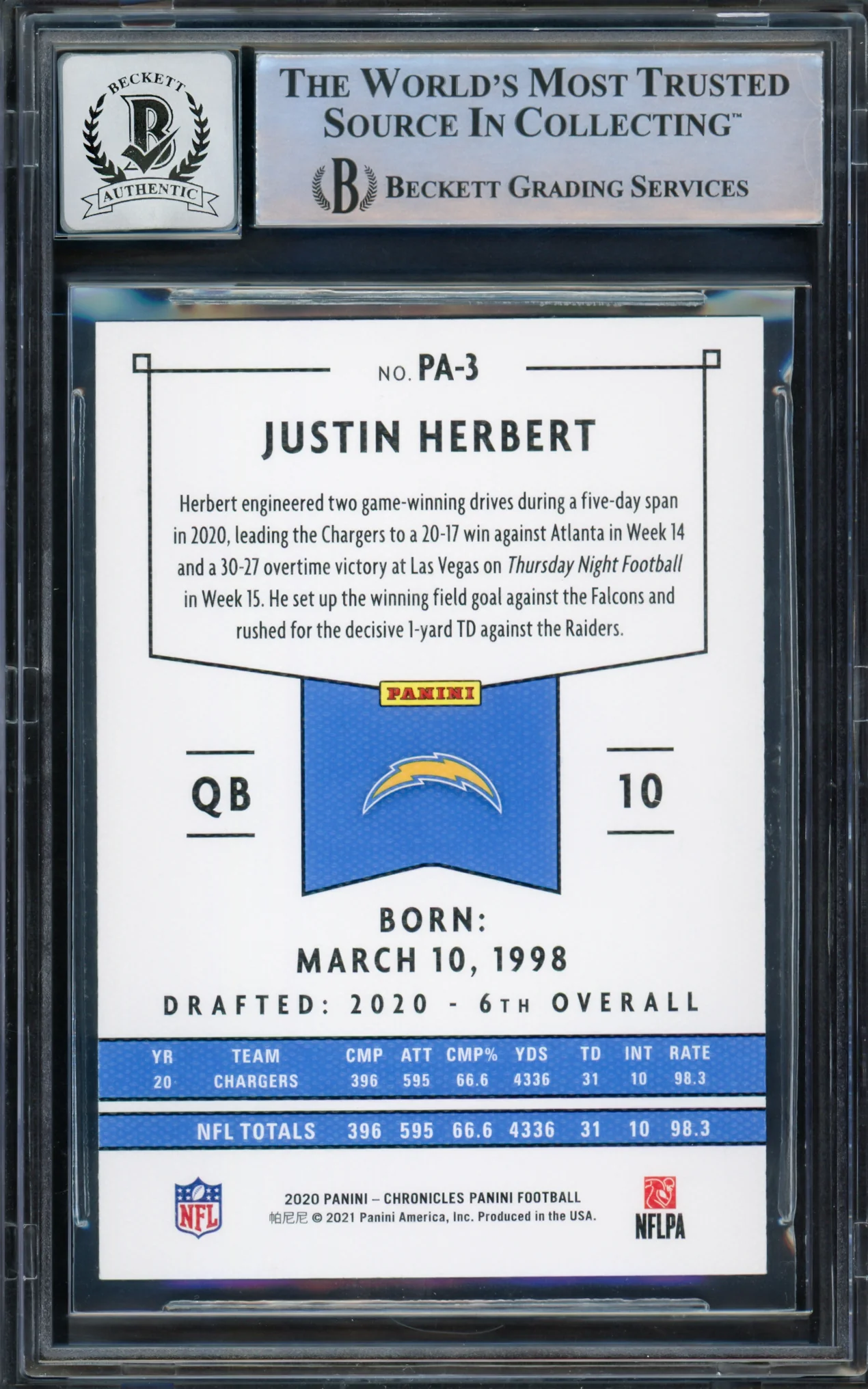 Justin Herbert Autographed 2020 Chronicles Panini Green Parallel Rookie Card #PA-3 Los Angeles Chargers Auto Grade Gem Mint 10 Beckett BAS #14243046 - Image 2