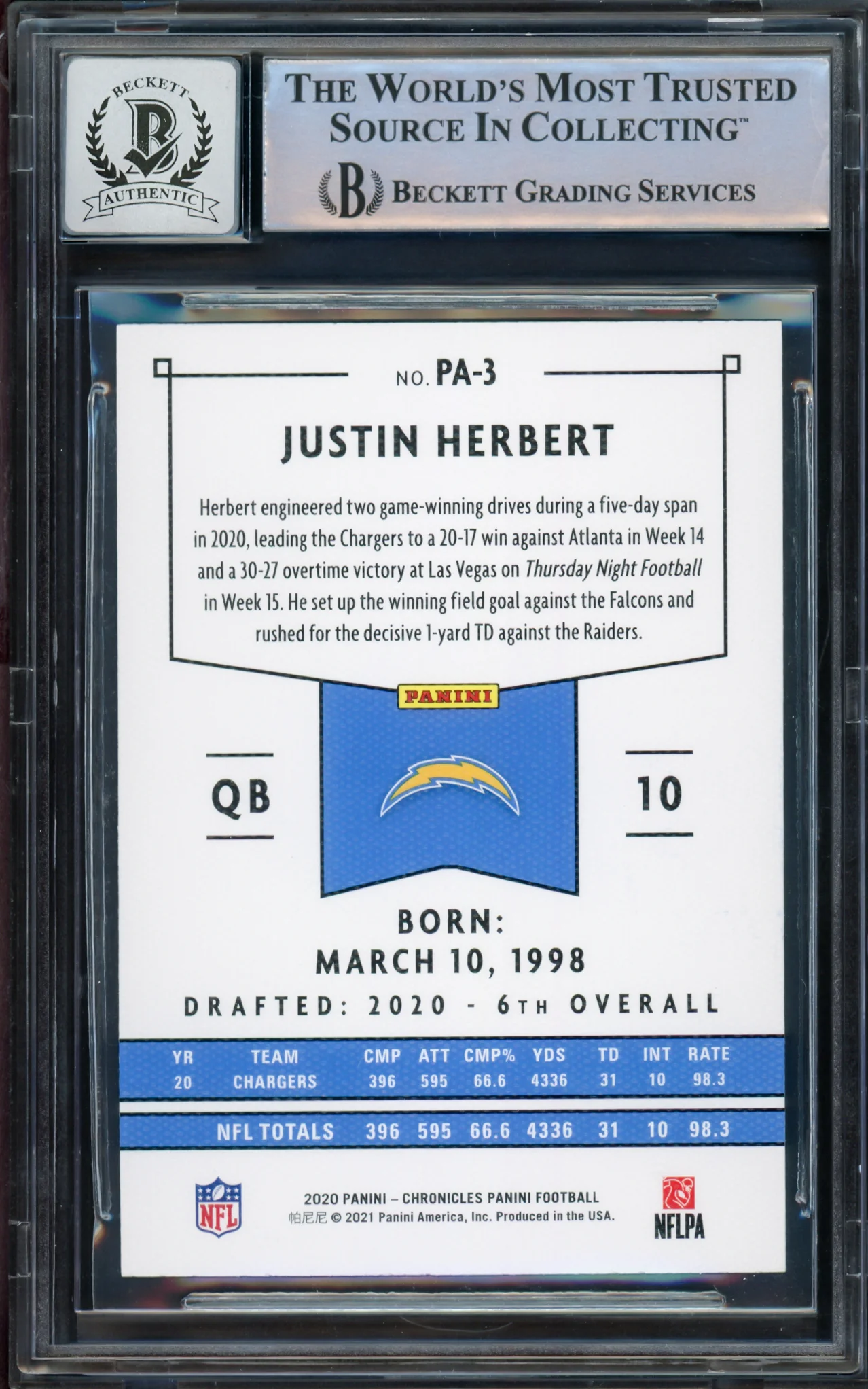Justin Herbert Autographed 2020 Chronicles Panini Pink Parallel Rookie Card #PA-3 Los Angeles Chargers Auto Grade Gem Mint 10 Beckett BAS #14243048 - Image 2