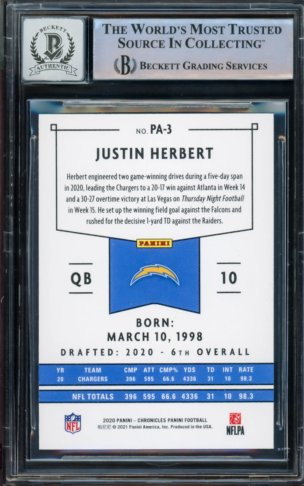 Justin Herbert Autographed 2020 Chronicles Panini Rookie Card #PA-3 Los Angeles Chargers Auto Grade Gem Mint 10 Beckett BAS Stock #206689 - Image 2