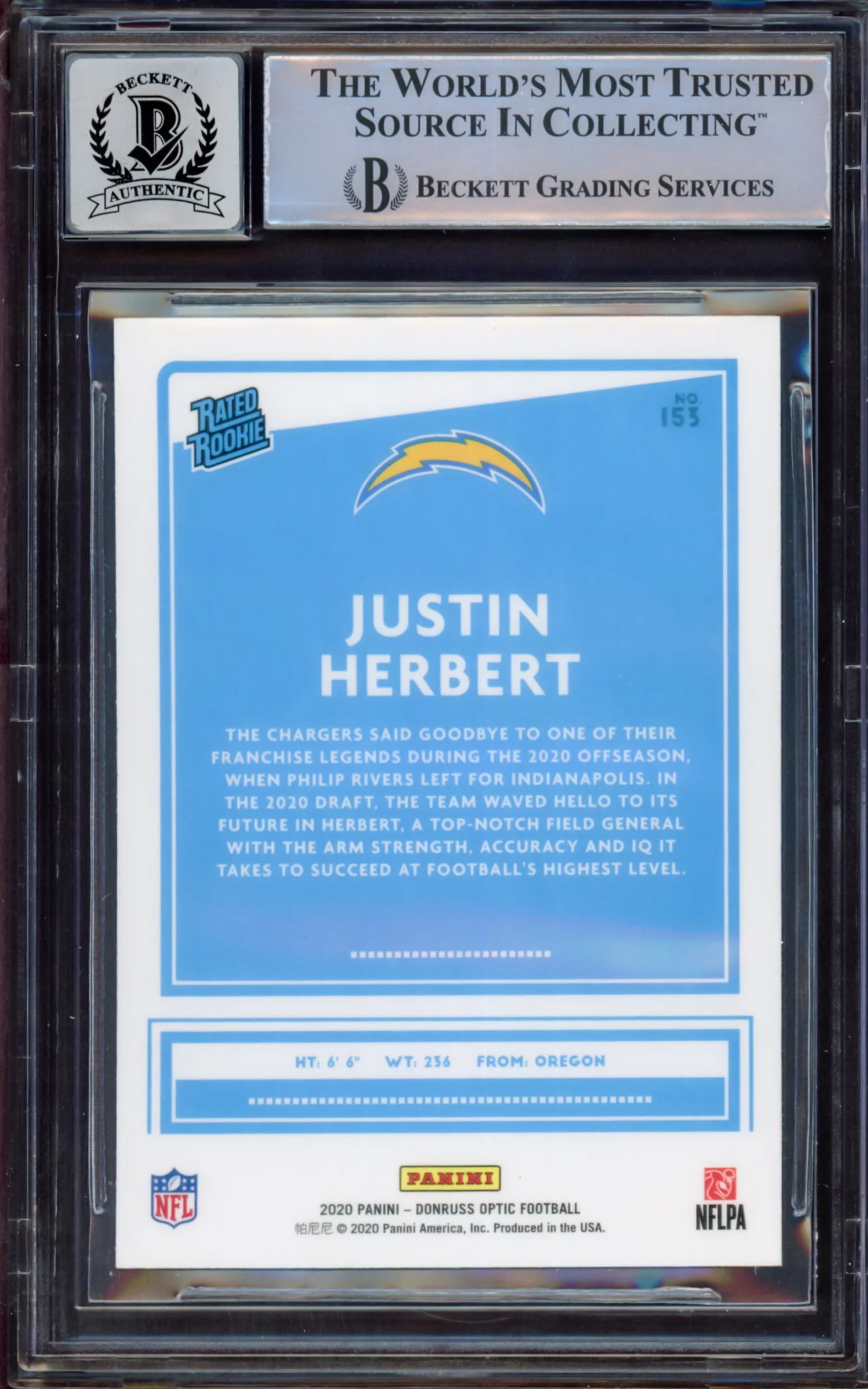 Justin Herbert Autographed 2020 Donruss Optic Rookie Card #153 Los Angeles Chargers BGS 8.5 Auto Grade Near Mint/Mint 8 Beckett BAS #15469224 - Image 2