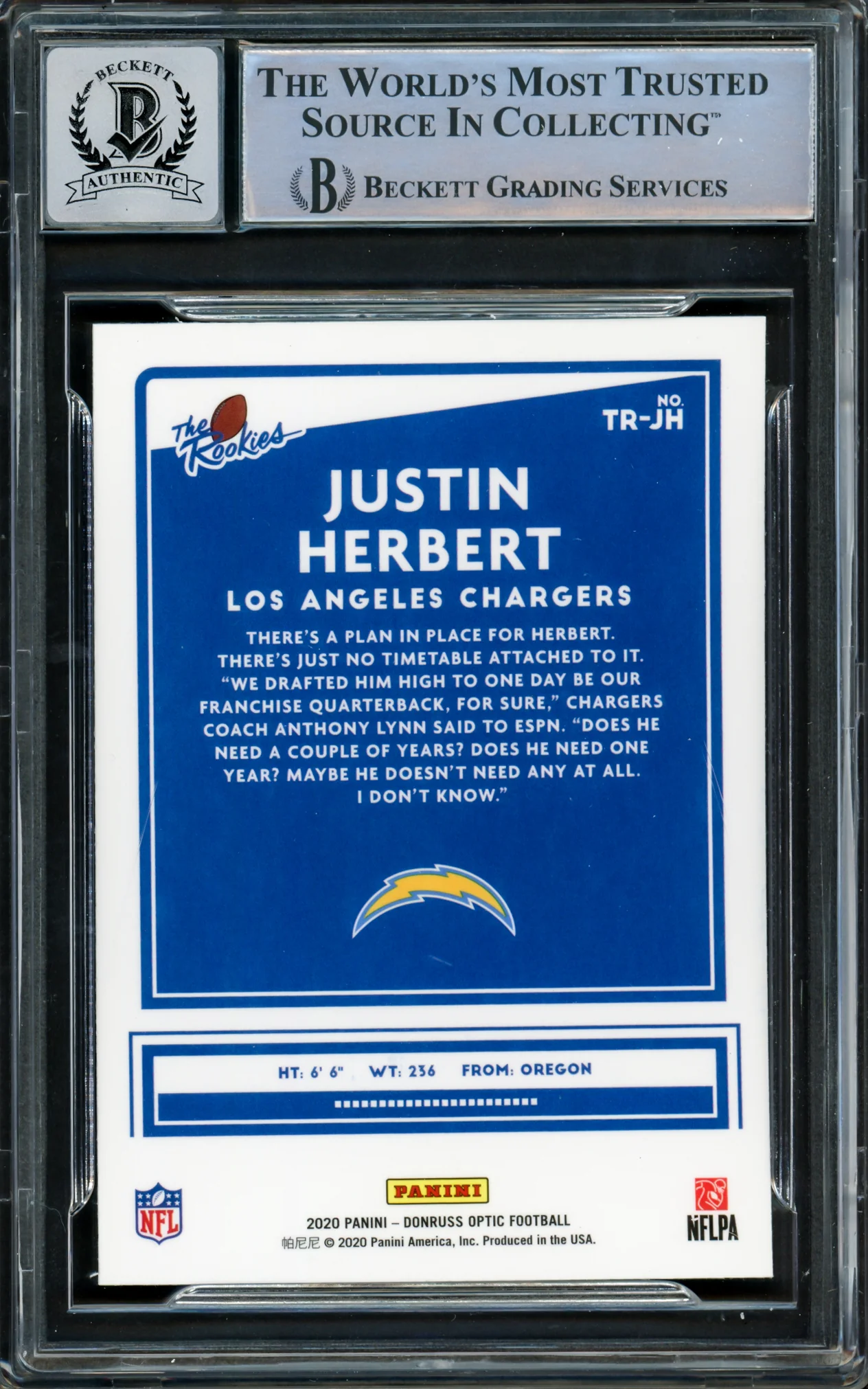 Justin Herbert Autographed 2020 Donruss Optic The Rookies Rookie Card #TR-JH Los Angeles Chargers Auto Grade Gem Mint 10 "2020 NFL OROY" Beckett BAS #15860018 - Image 2