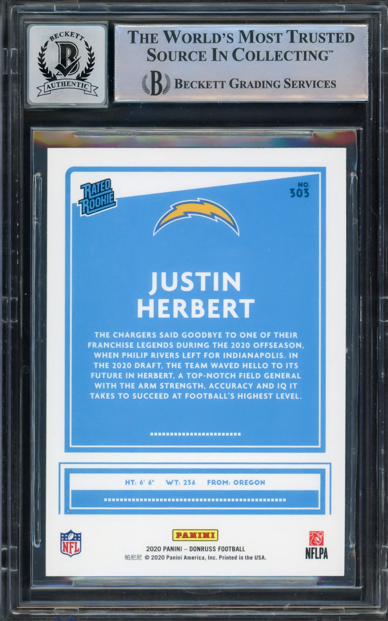 Justin Herbert Autographed 2020 Donruss Rated Rookie Canvas Rookie Card #303 Los Angeles Chargers BGS 9 Auto Grade Gem Mint 10 Beckett BAS #15297782 - Image 2