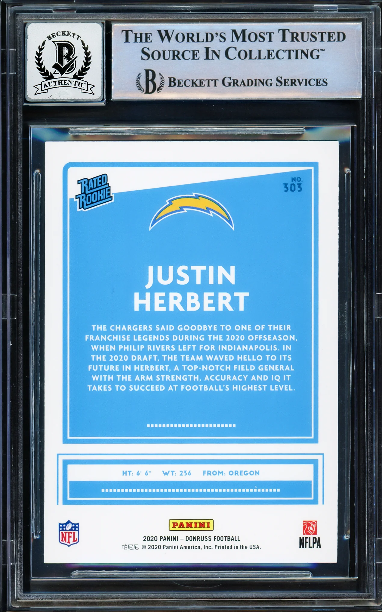 Justin Herbert Autographed 2020 Donruss Rated Rookie Card #303 Los Angeles Chargers Auto Grade Gem Mint 10 Beckett BAS Stock #206066 - Image 2