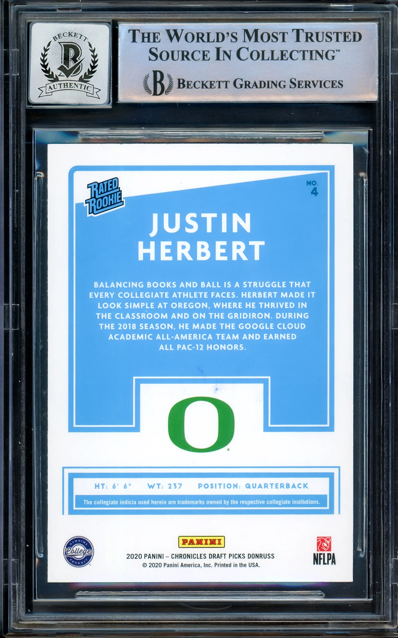 Justin Herbert Autographed 2020 Donruss Rated Rookie Card #4 Oregon Ducks Auto Grade Gem Mint 10 Beckett BAS Stock #206672 - Image 2