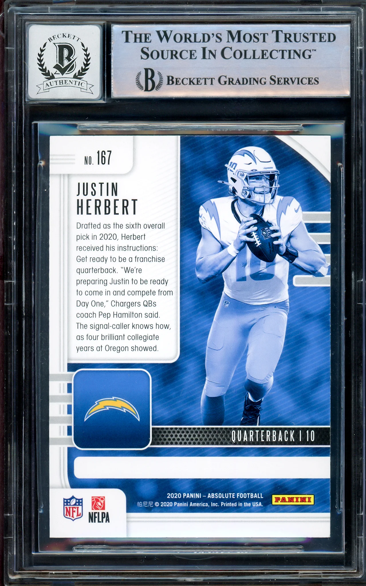 Justin Herbert Autographed 2020 Panini Absolute Rookie Card #167 Los Angeles Chargers Auto Grade Gem Mint 10 Beckett BAS Stock #206671 - Image 2