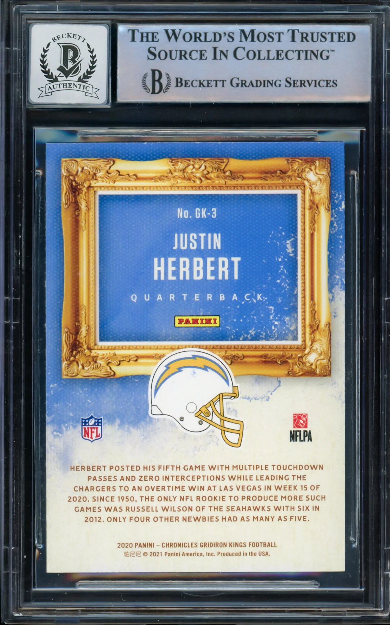 Justin Herbert Autographed 2020 Panini Chronicles Gridiron Kings Pink Rookie Card #GK-3 Los Angeles Chargers Auto Grade Gem Mint 10 Beckett BAS #14243208 - Image 2