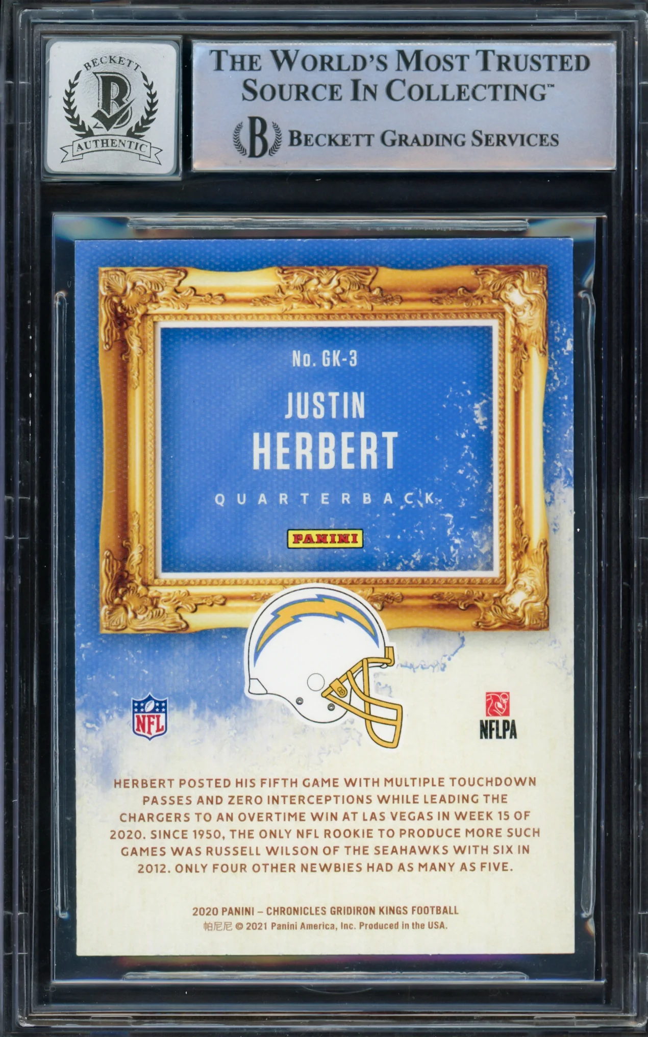 Justin Herbert Autographed 2020 Panini Chronicles Gridiron Kings Pink Rookie Card #GK-3 Los Angeles Chargers Auto Grade Gem Mint 10 Beckett BAS #14243210 - Image 2