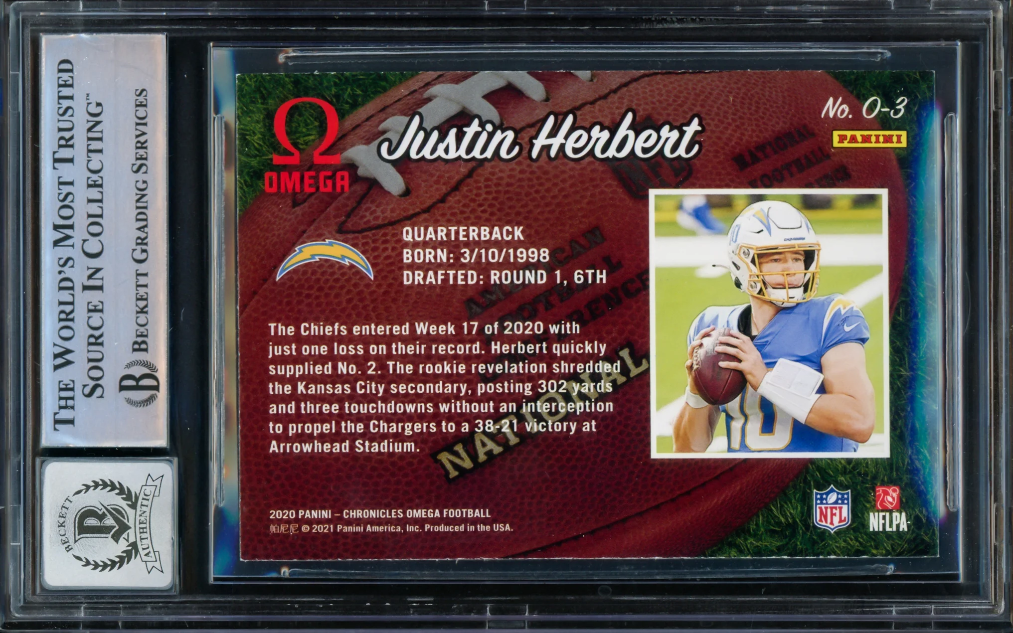 Justin Herbert Autographed 2020 Panini Chronicles Omega Rookie Card #O-3 Los Angeles Chargers Auto Grade Gem Mint 10 Beckett BAS #14243353 - Image 2