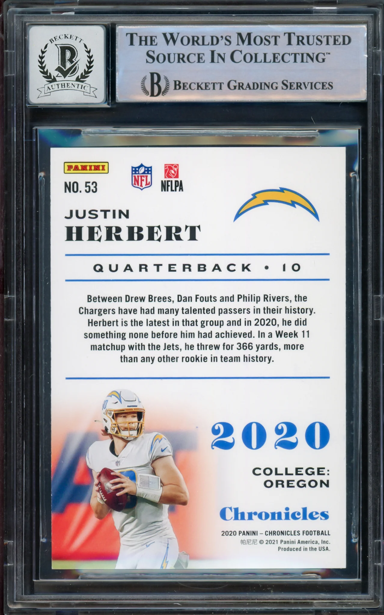 Justin Herbert Autographed 2020 Panini Chronicles Teal Parallel Rookie Card #53 Los Angeles Chargers Auto Grade Gem Mint 10 Beckett BAS #14243308 - Image 2