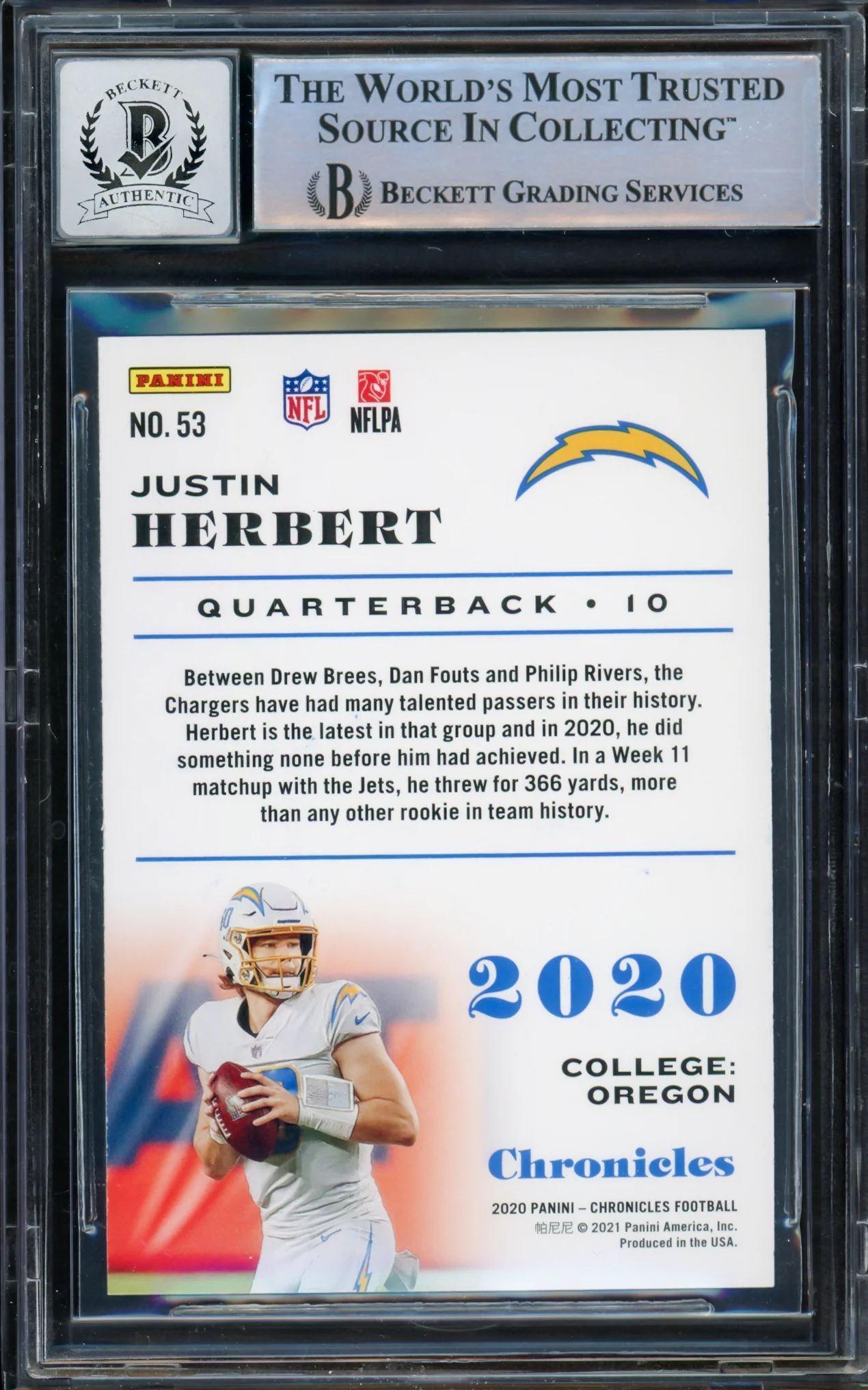 Justin Herbert Autographed 2020 Panini Chronicles Teal Parallel Rookie Card #53 Los Angeles Chargers Auto Grade Gem Mint 10 Beckett BAS #14243309 - Image 2