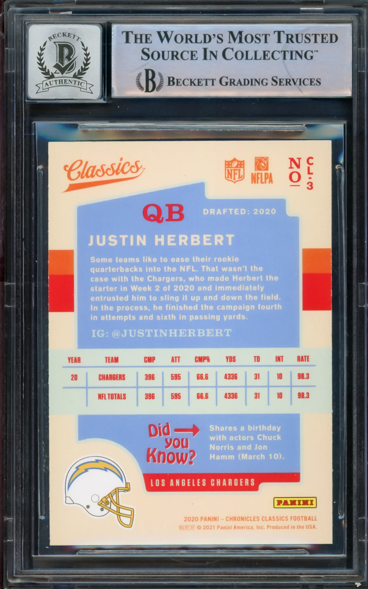 Justin Herbert Autographed 2020 Panini Classics Rookie Card #CL-3 Los Angeles Chargers Auto Grade Gem Mint 10 Beckett BAS #14243355 - Image 2