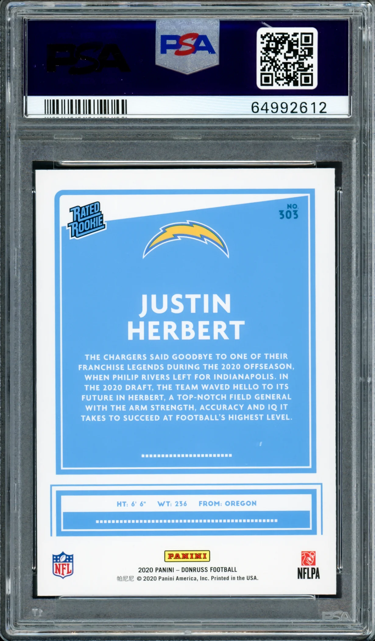 Justin Herbert Autographed 2020 Panini Donruss Rated Rookie Card #303 Los Angeles Chargers PSA 10 Auto Grade Gem Mint 10 PSA/DNA #64992612 - Image 2