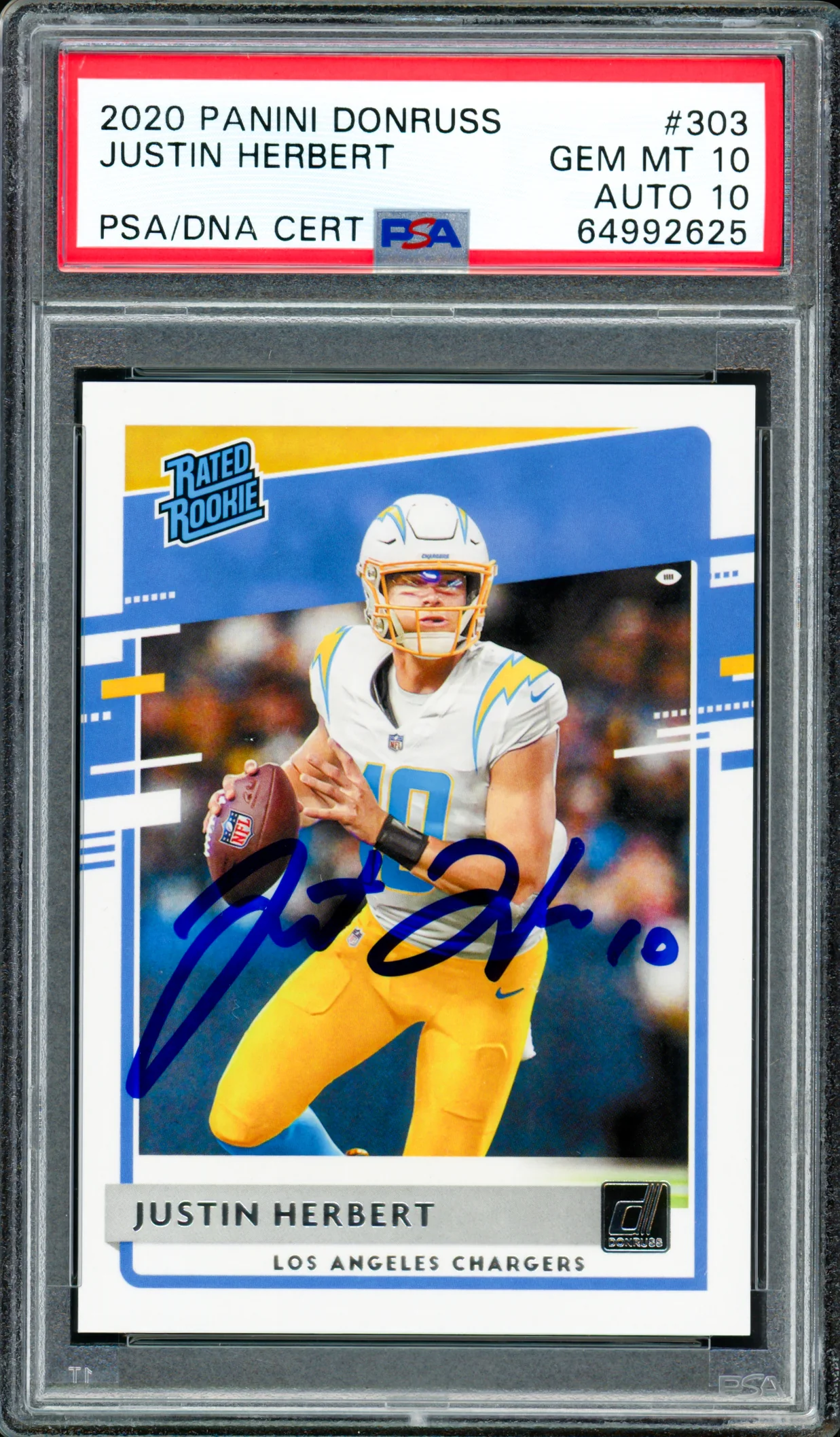 Justin Herbert Autographed 2020 Panini Donruss Rated Rookie Card #303 Los Angeles Chargers PSA 10 Auto Grade Gem Mint 10 PSA/DNA #64992625