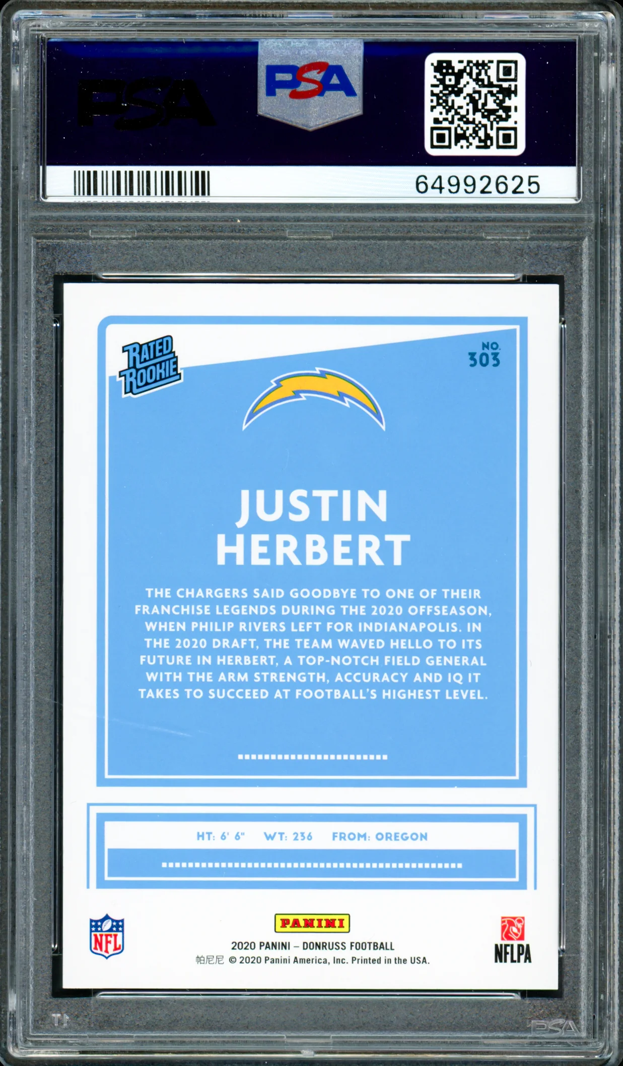 Justin Herbert Autographed 2020 Panini Donruss Rated Rookie Card #303 Los Angeles Chargers PSA 10 Auto Grade Gem Mint 10 PSA/DNA #64992625 - Image 2