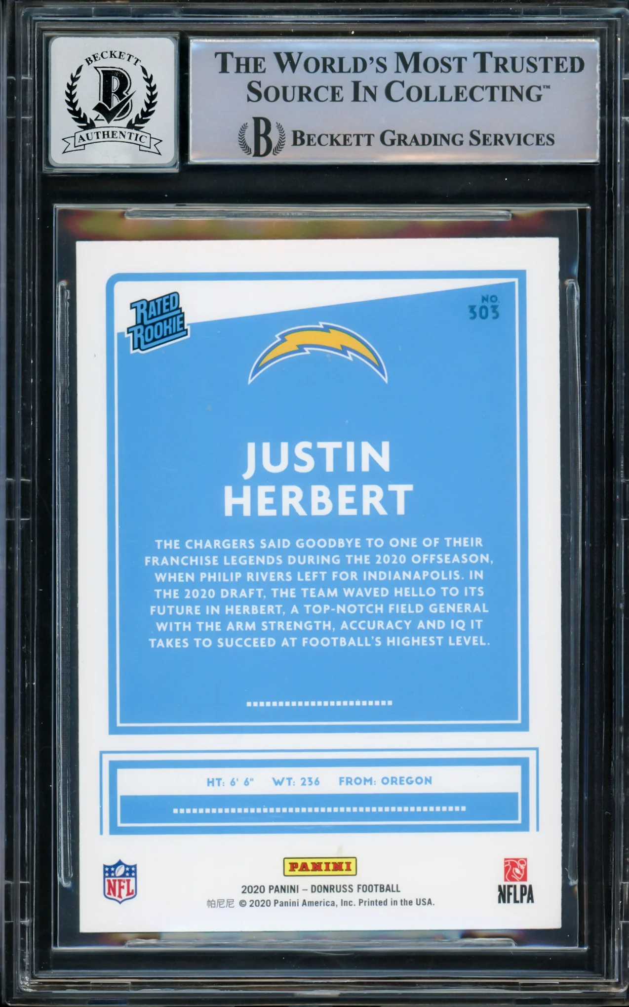 Justin Herbert Autographed 2020 Panini Donruss Rated Rookie Yellow Rookie Card #303 Los Angeles Chargers Auto Grade Gem Mint 10 Beckett BAS #14867188 - Image 2