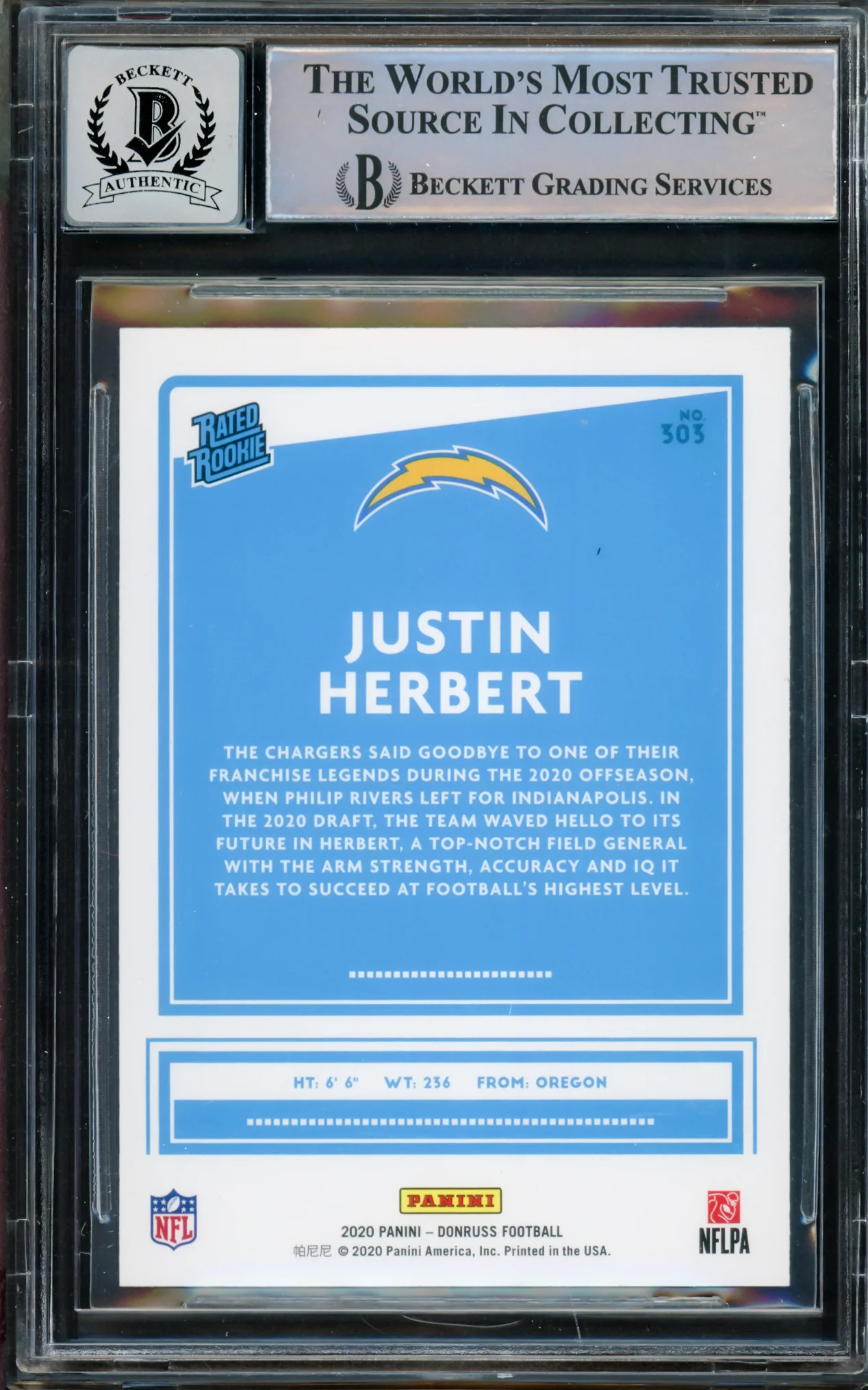 Justin Herbert Autographed 2020 Panini Donruss Rated Rookie Yellow Rookie Card #303 Los Angeles Chargers Auto Grade Gem Mint 10 Beckett BAS #14867190 - Image 2