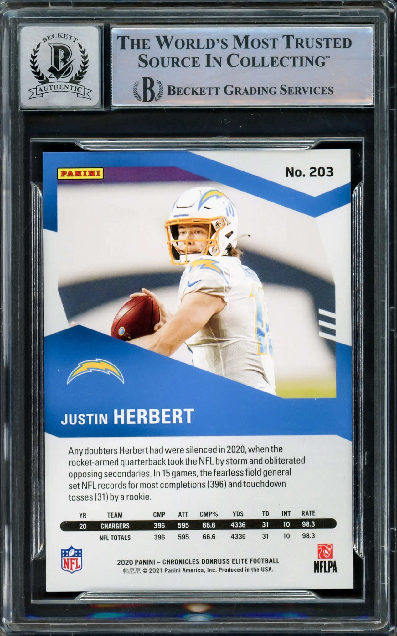 Justin Herbert Autographed 2020 Panini Elite Chronicles Red Rookie Card #203 Los Angeles Chargers Auto Grade Gem Mint 10 "2020 NFL OROY" #245/399 Beckett BAS #15860019 - Image 2