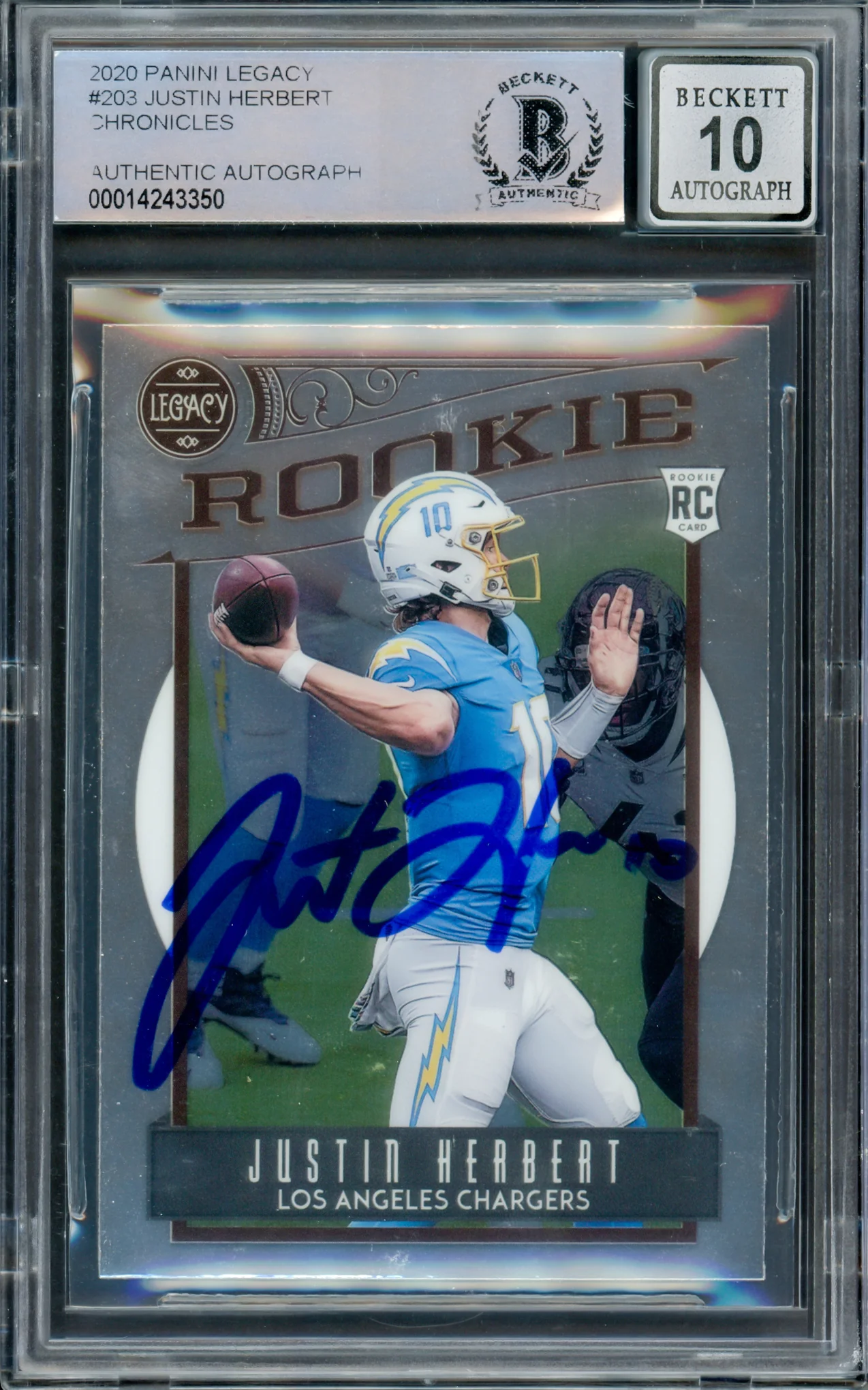 Justin Herbert Autographed 2020 Panini Legacy Rookie Card #203 Los Angeles Chargers Auto Grade Gem Mint 10 Beckett BAS #14243350